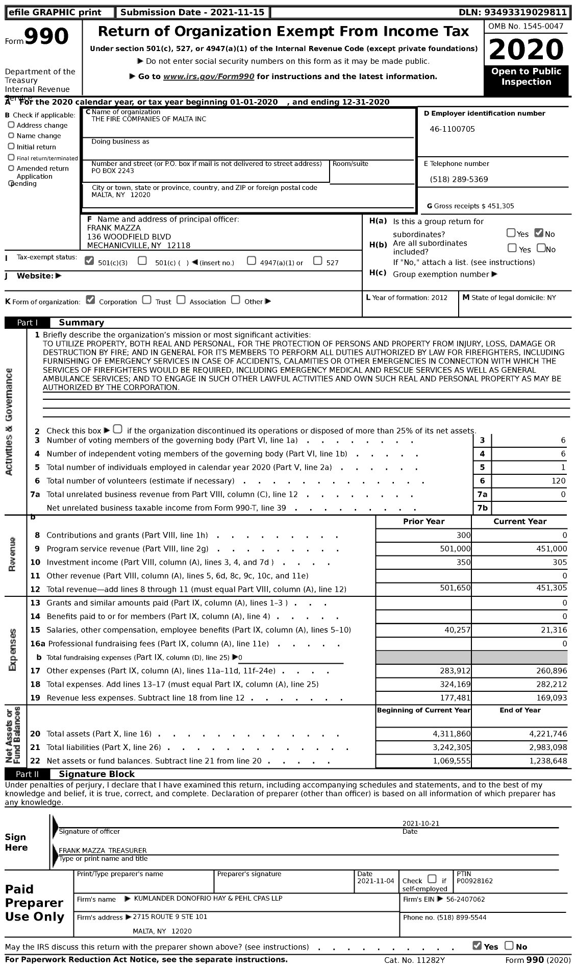 Image of first page of 2020 Form 990 for The Fire Companies of Malta