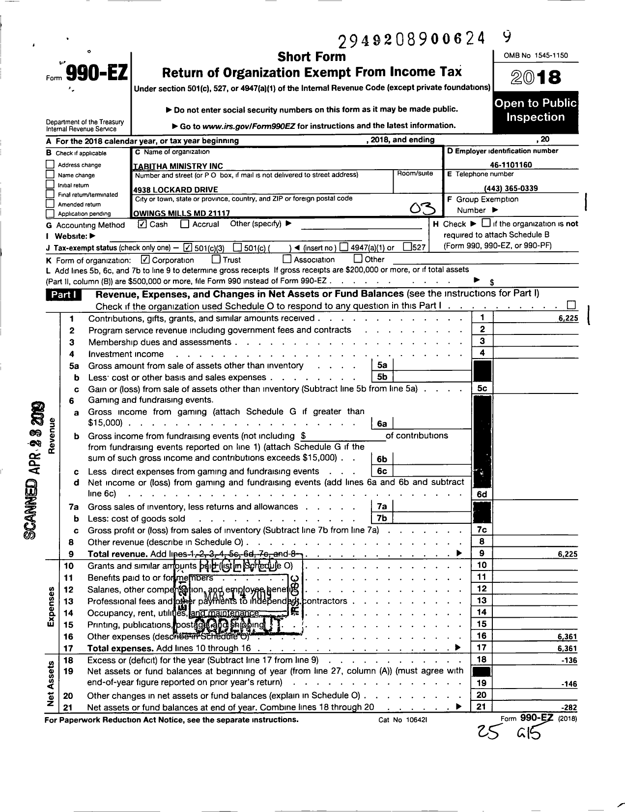 Image of first page of 2018 Form 990EZ for Tabitha Ministry