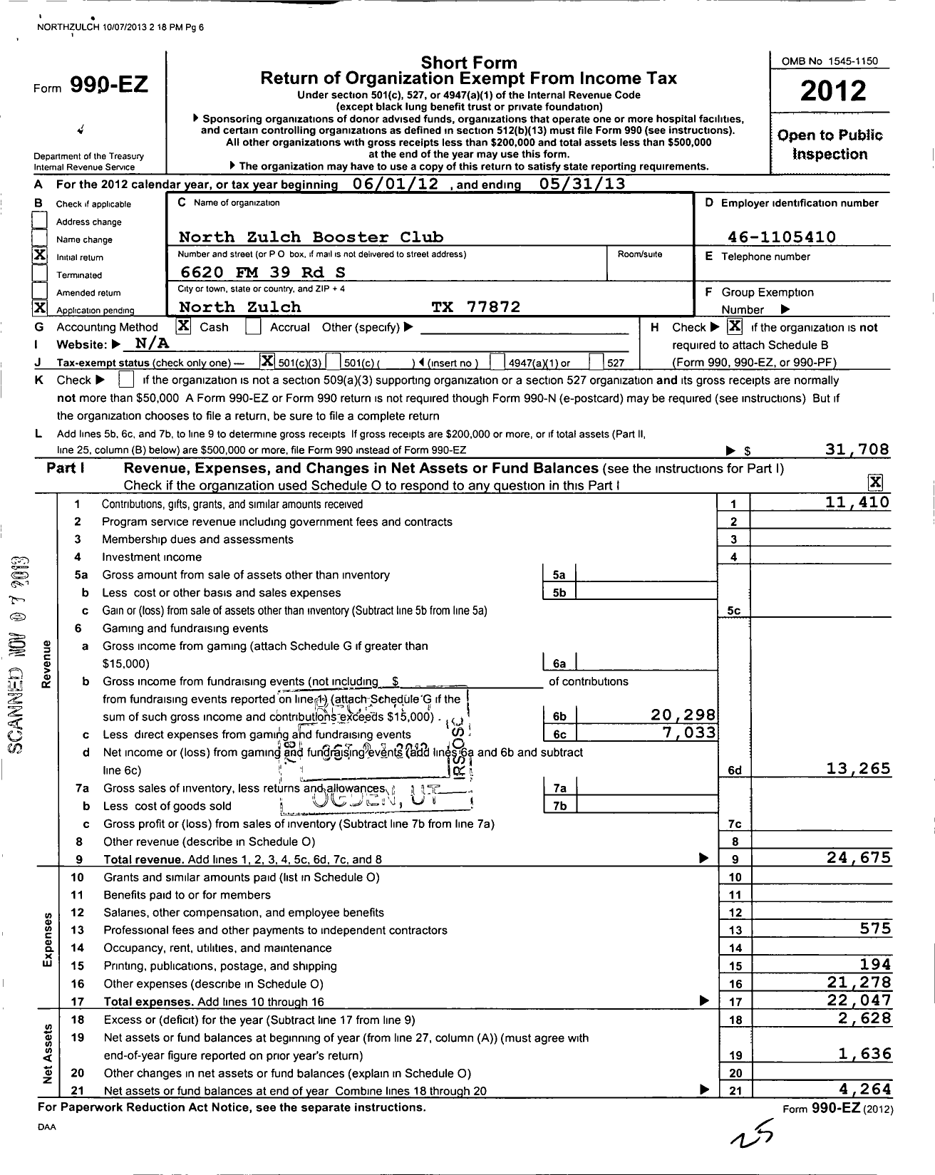 Image of first page of 2012 Form 990EZ for North Zulch Booster Club