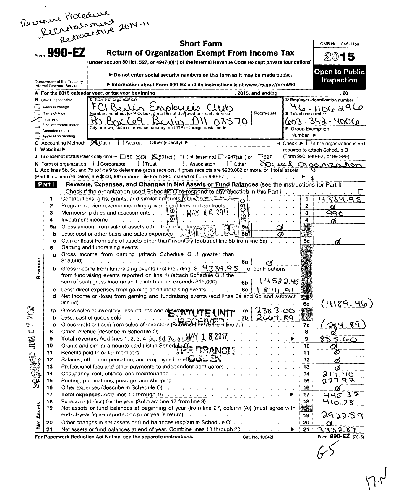 Image of first page of 2015 Form 990EO for Fci Berlin Employees Club