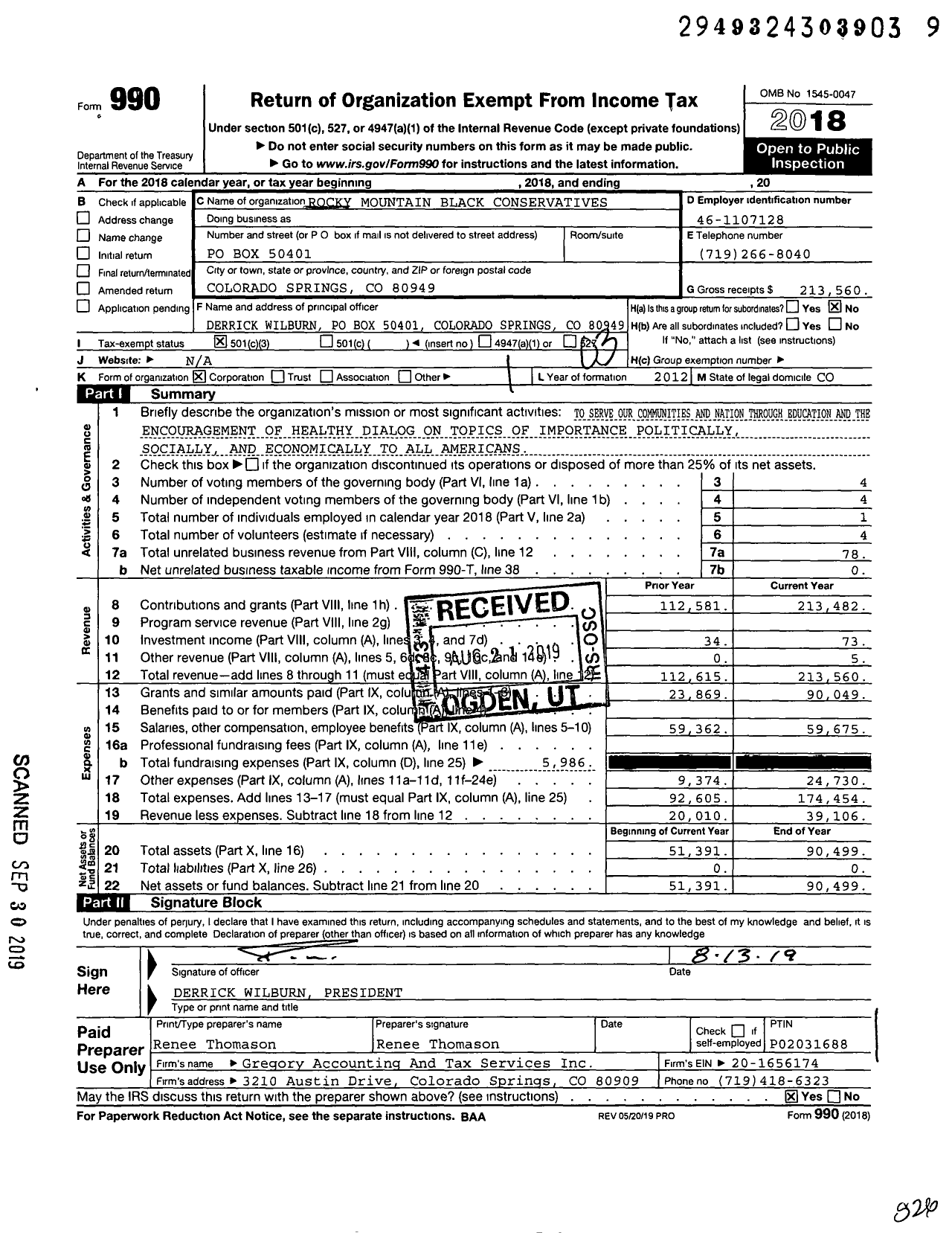 Image of first page of 2018 Form 990 for Rocky Mountain Black Conservatives