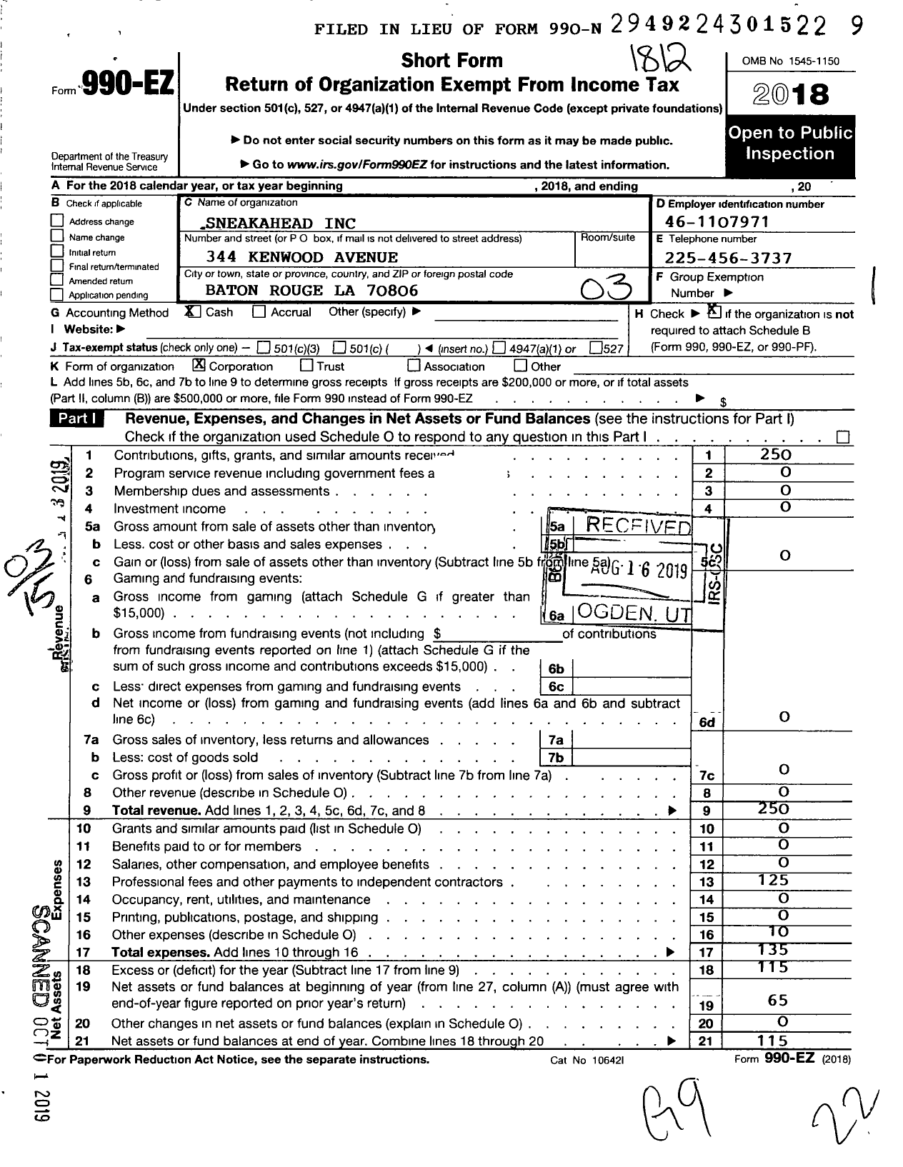 Image of first page of 2018 Form 990EZ for Sneakhead