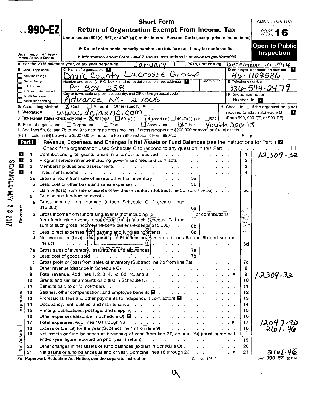 Image of first page of 2016 Form 990EZ for Davie County Lacrosse Group