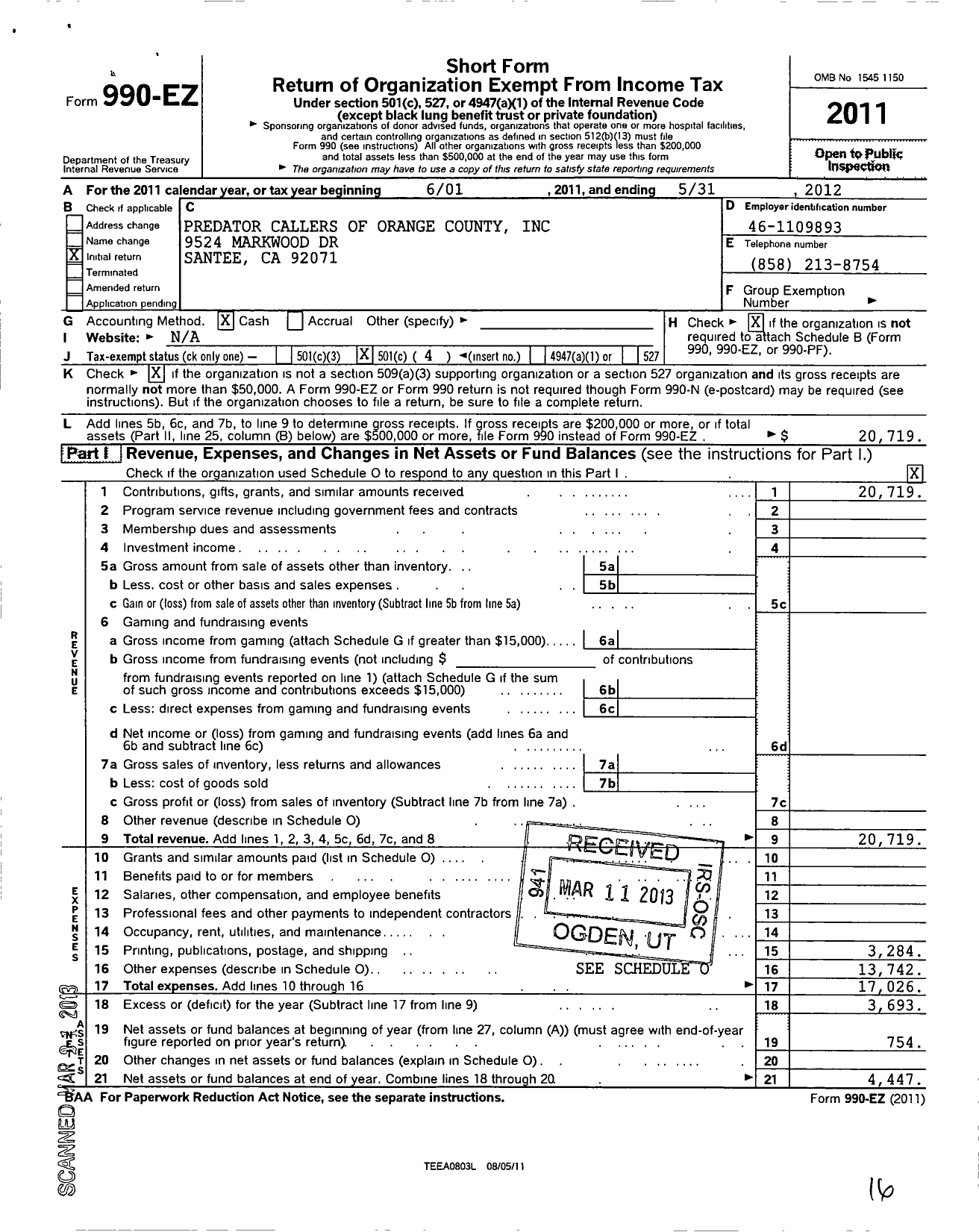 Image of first page of 2011 Form 990EO for Predator Callers of Orange County
