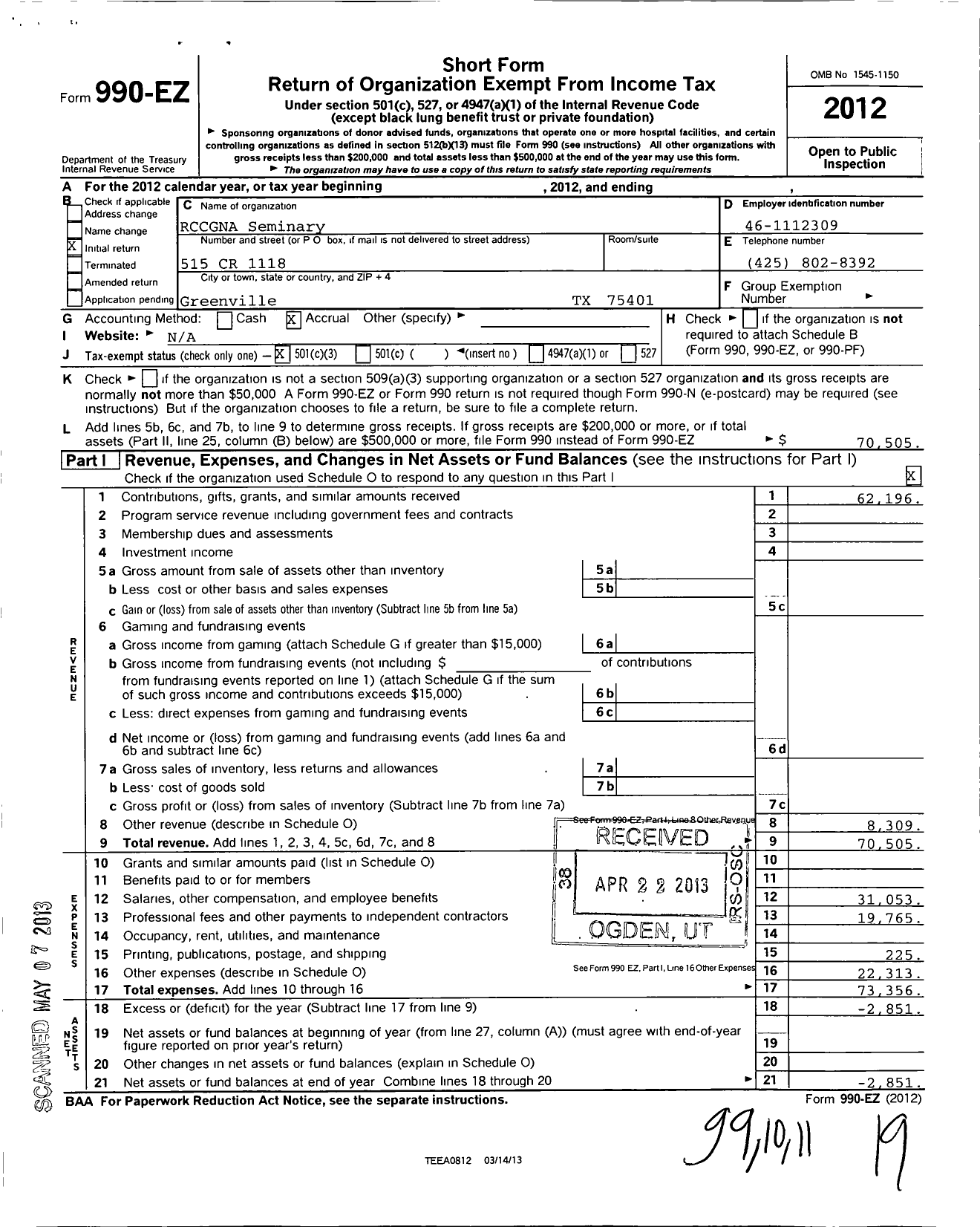 Image of first page of 2012 Form 990EZ for RCCGNA Seminary