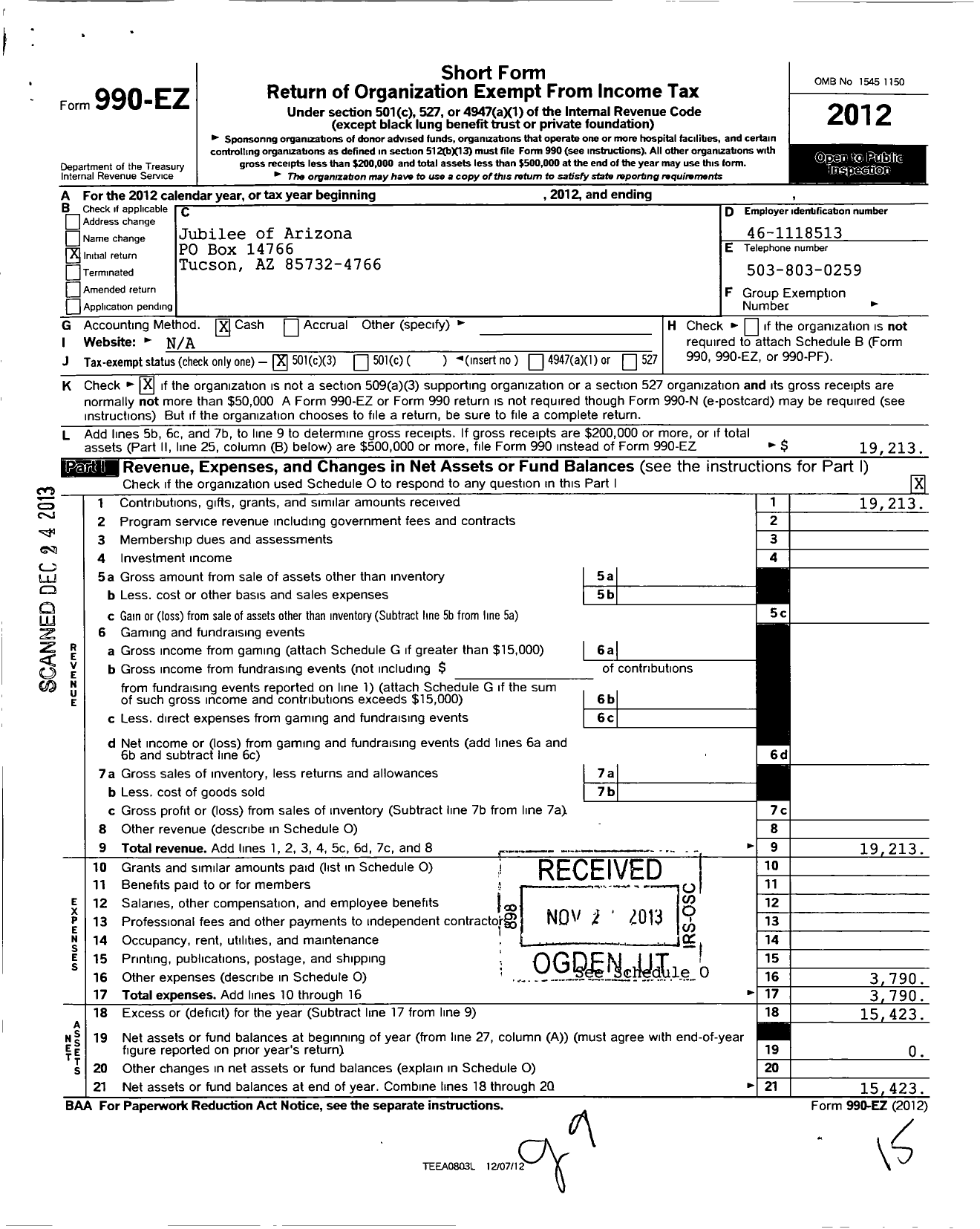 Image of first page of 2012 Form 990EZ for Jubilee of Arizona