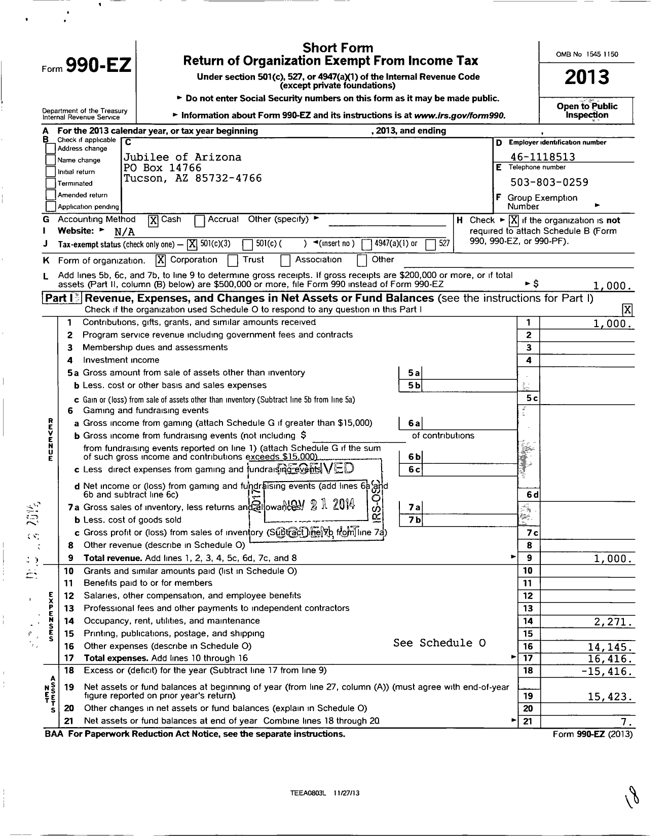 Image of first page of 2013 Form 990EZ for Jubilee of Arizona