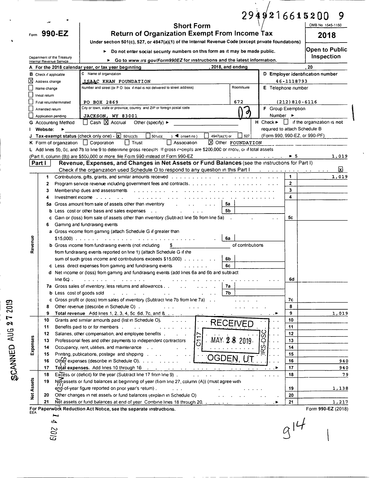 Image of first page of 2018 Form 990EZ for Isaac Khan Foundation