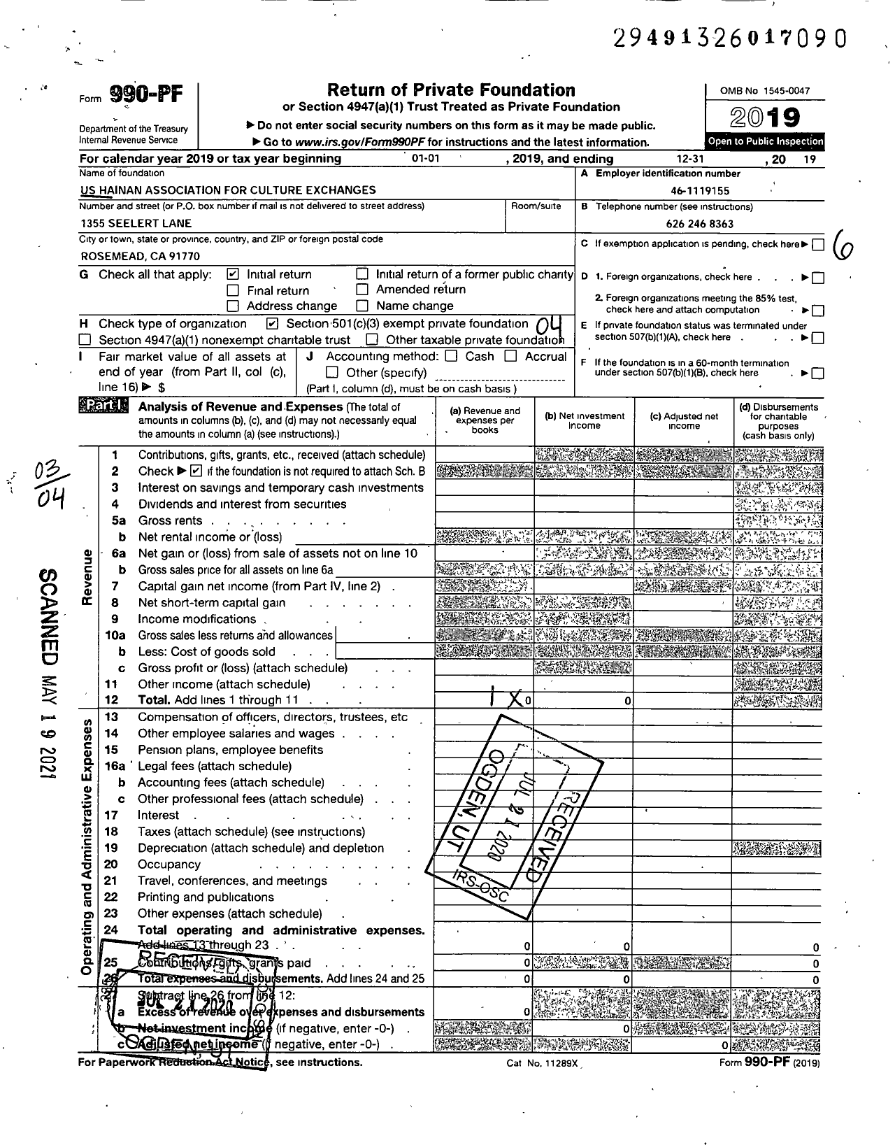 Image of first page of 2019 Form 990PF for US Hainan Association for Culture Exchanges