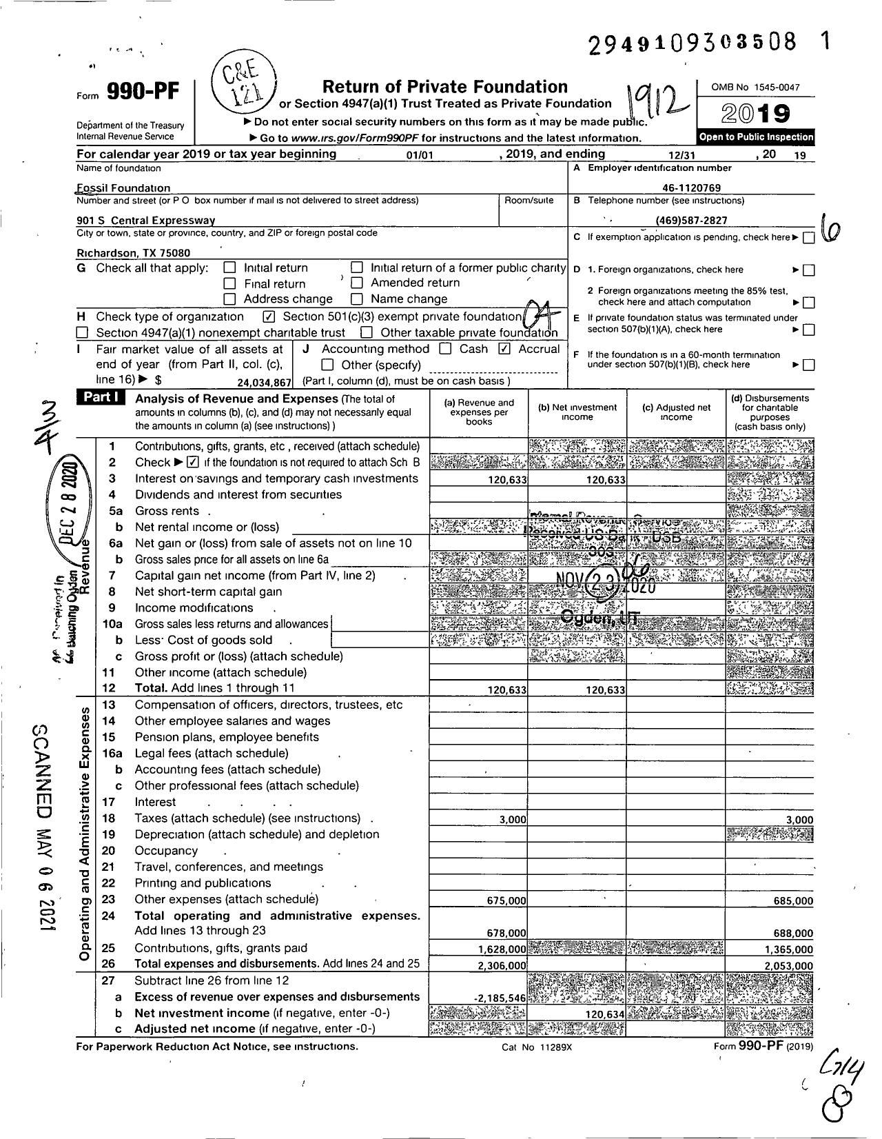 Image of first page of 2019 Form 990PF for Fossil Foundation