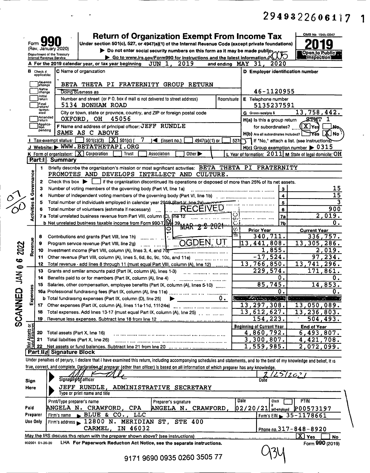 Image of first page of 2019 Form 990O for Beta Theta Pi Fraternity - Group Return