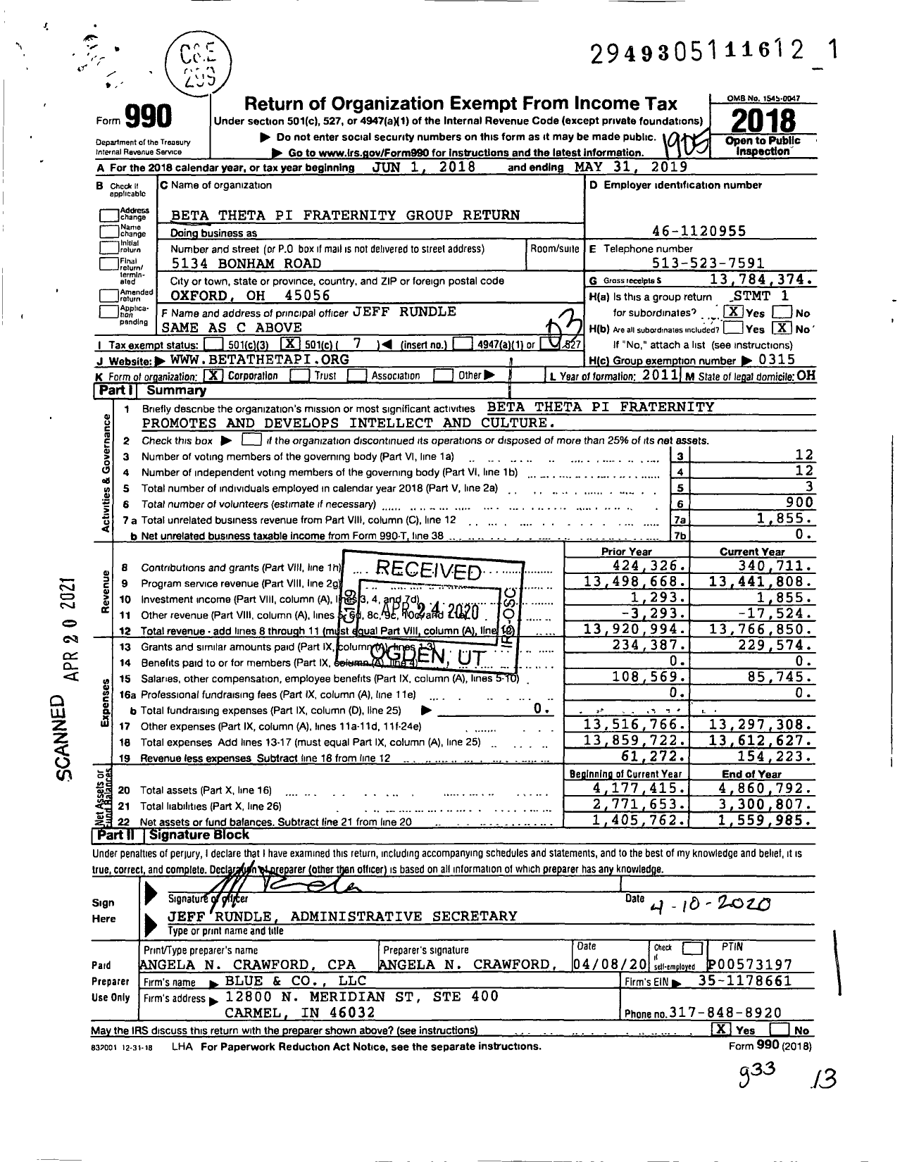 Image of first page of 2018 Form 990 for Beta Theta Pi Fraternity - Group Return