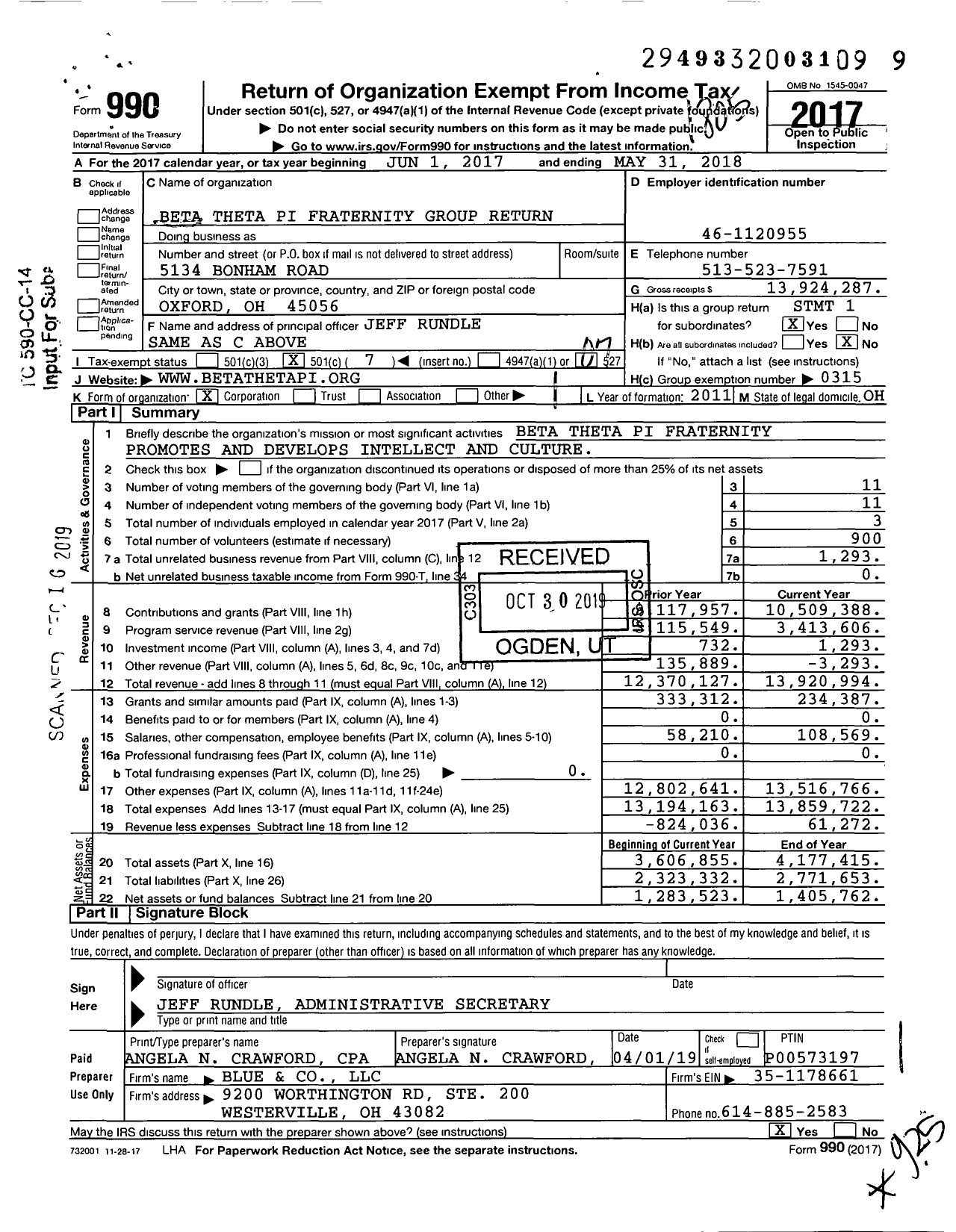 Image of first page of 2017 Form 990O for Beta Theta Pi Fraternity - Group Return