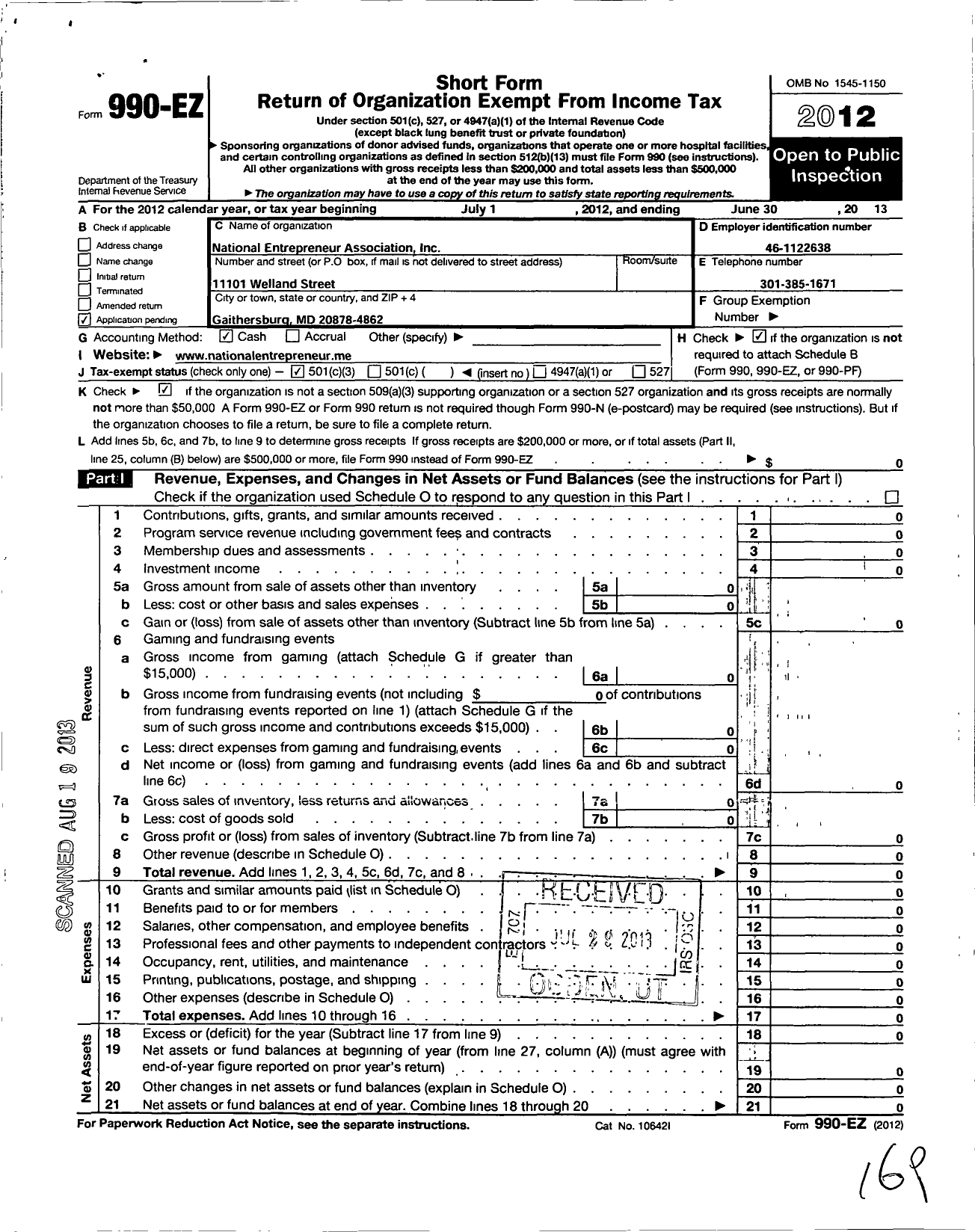 Image of first page of 2012 Form 990EZ for National Entrepreneur Association