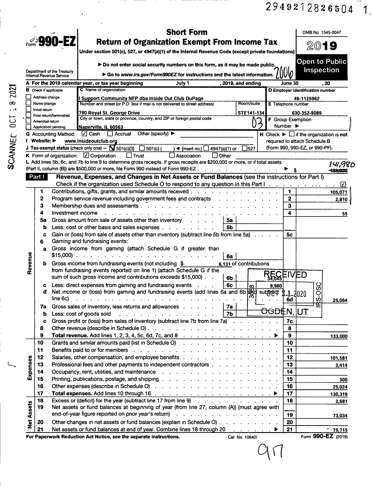 Image of first page of 2019 Form 990EZ for I Support Community NFP