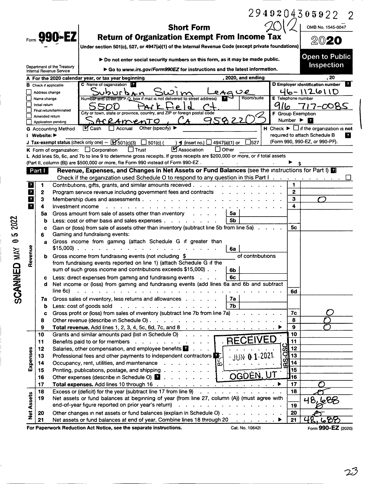 Image of first page of 2020 Form 990EZ for Suburban Swim League