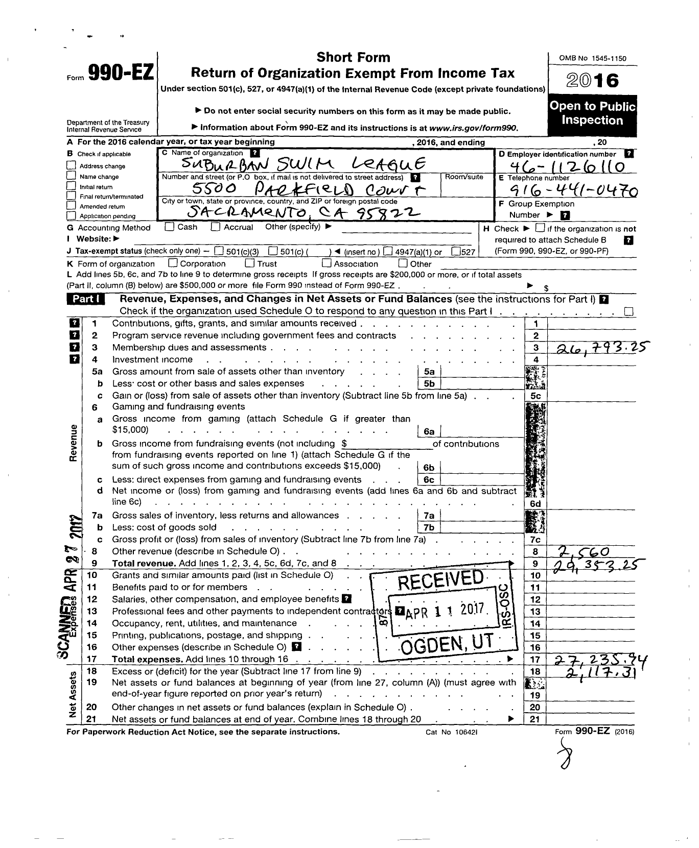 Image of first page of 2016 Form 990EO for Suburban Swim League