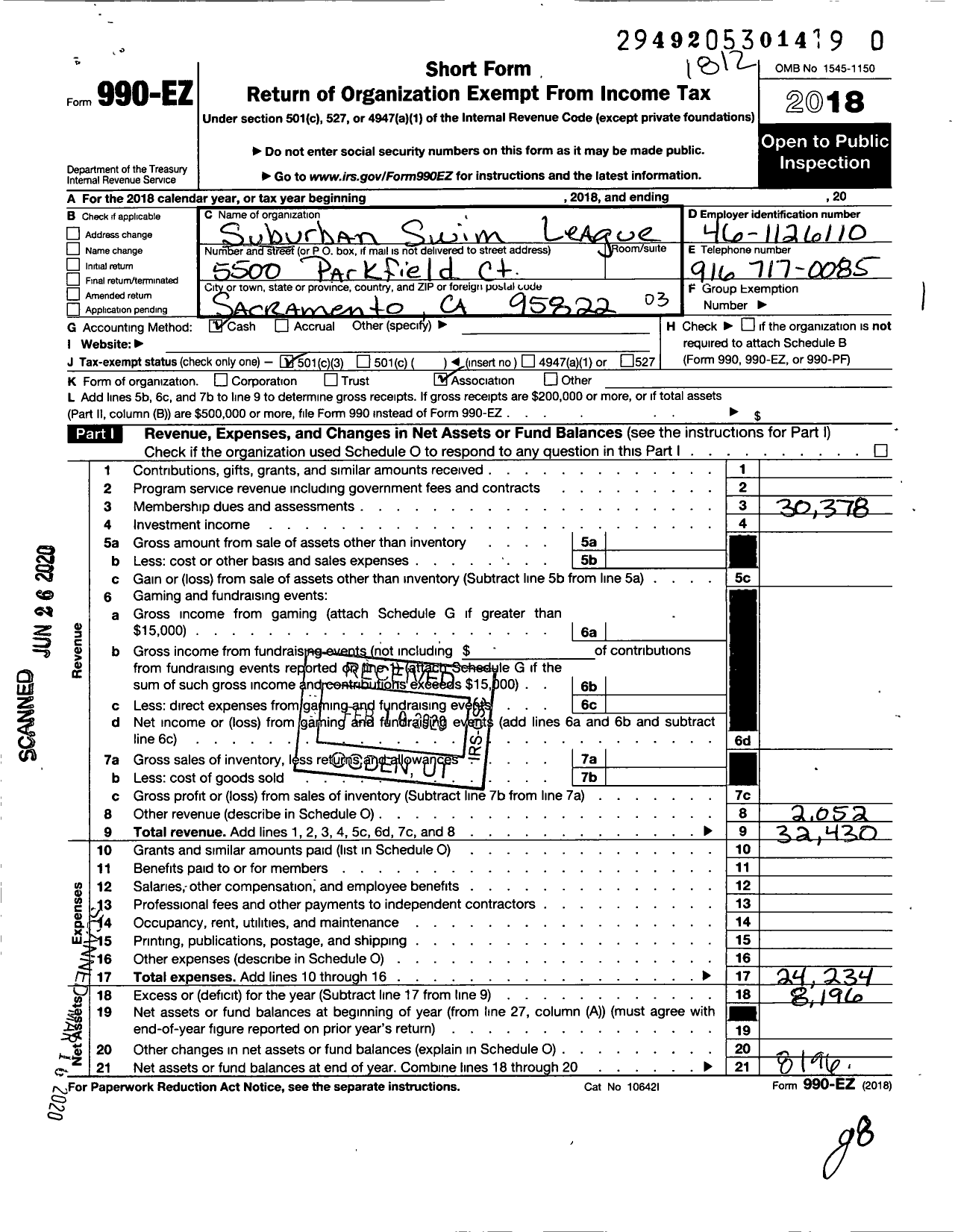 Image of first page of 2018 Form 990EZ for Suburban Swim League