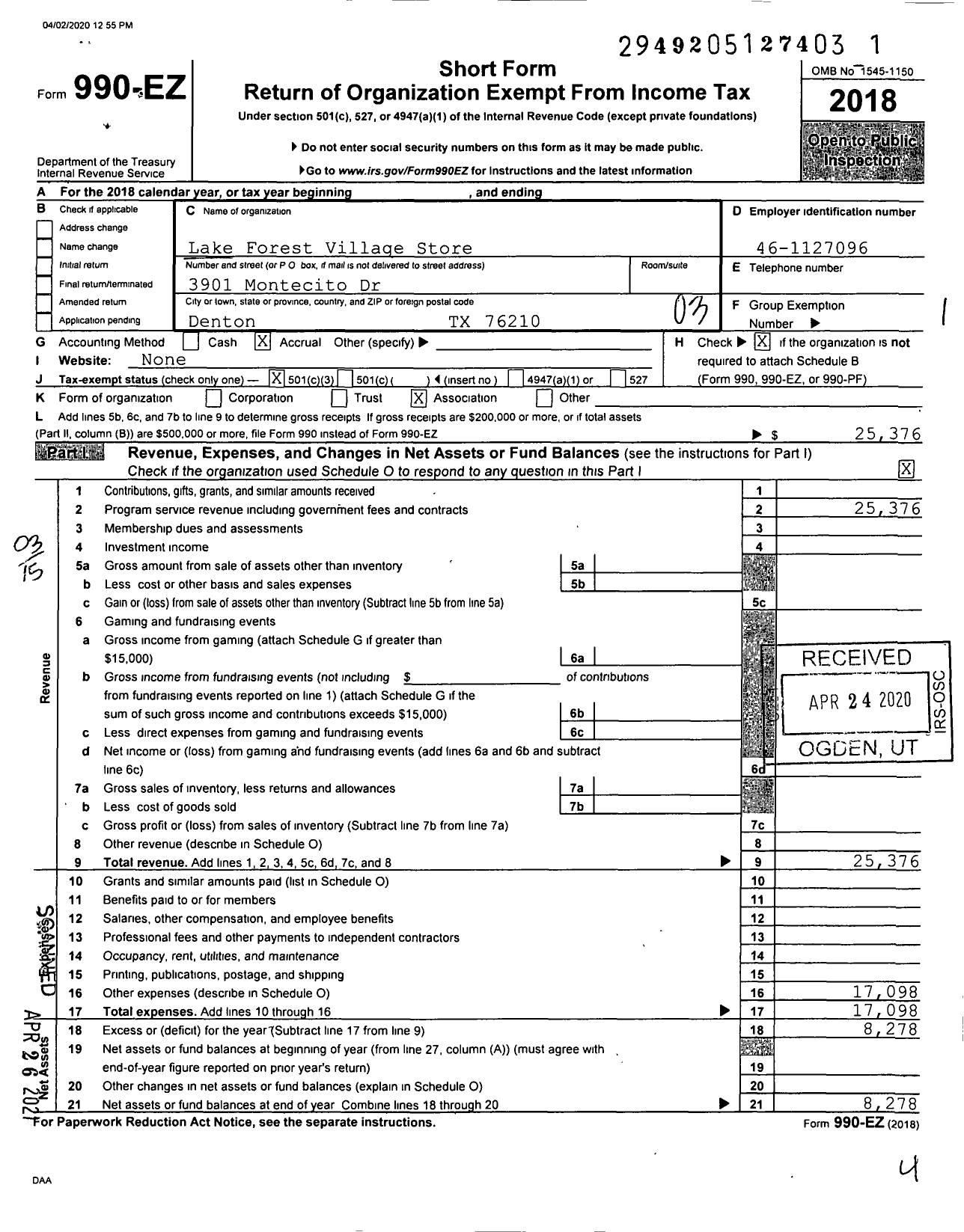 Image of first page of 2018 Form 990EZ for Lake Forest Village Store