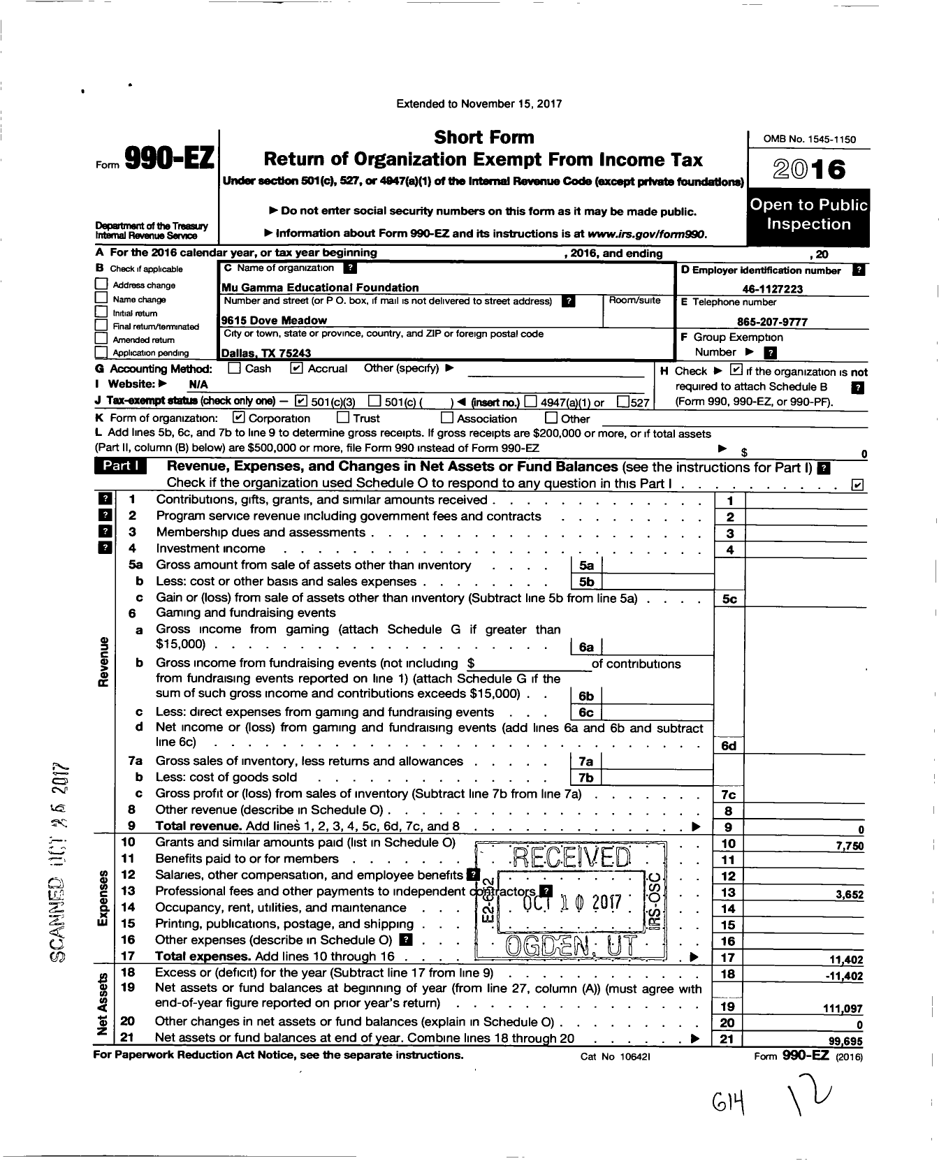 Image of first page of 2016 Form 990EZ for Mu Gamma Educational Foundation