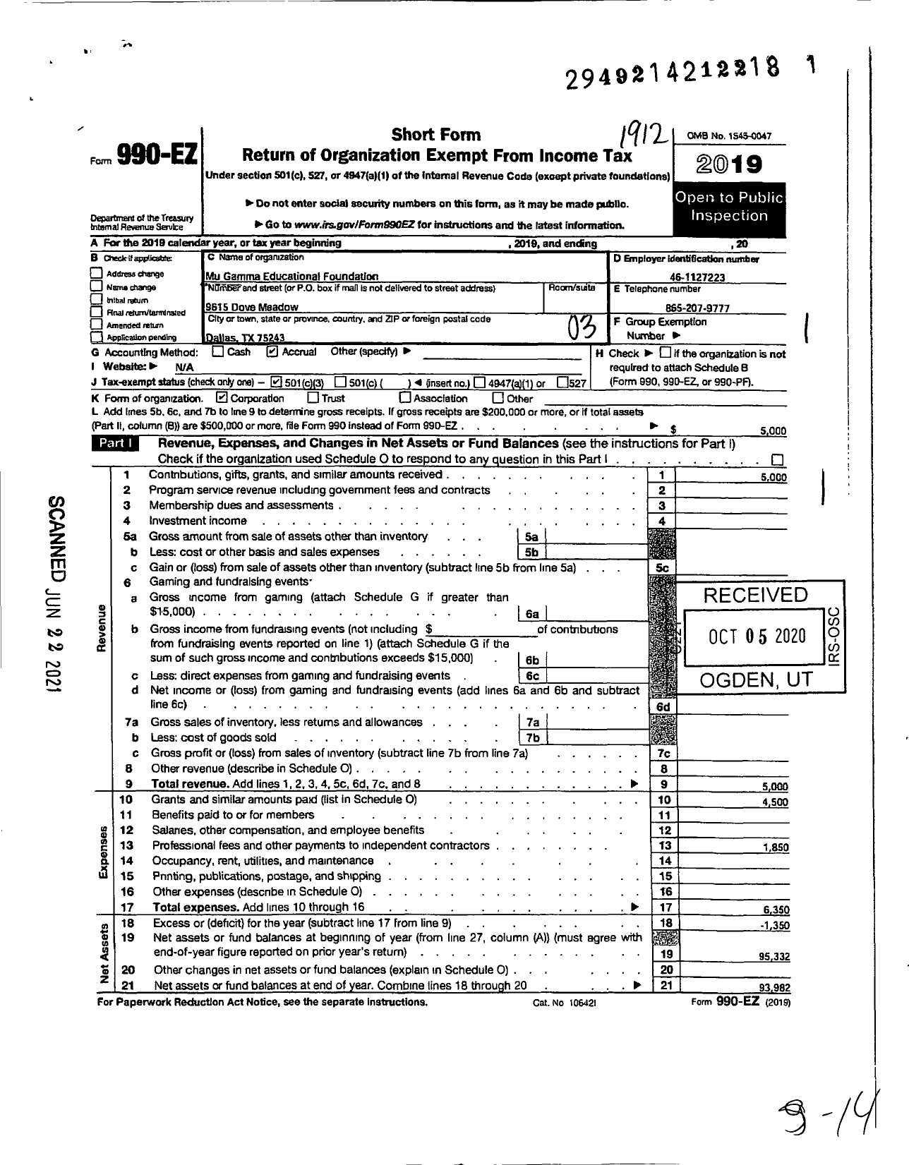 Image of first page of 2019 Form 990EZ for Mu Gamma Educational Foundation