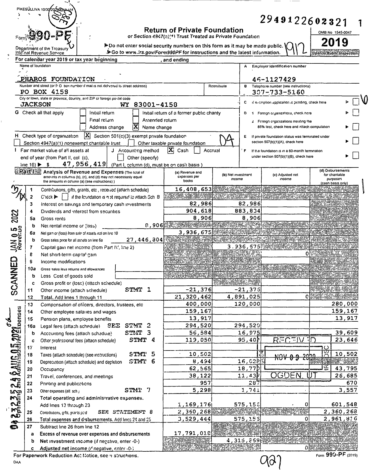 Image of first page of 2019 Form 990PF for Pharos Foundation