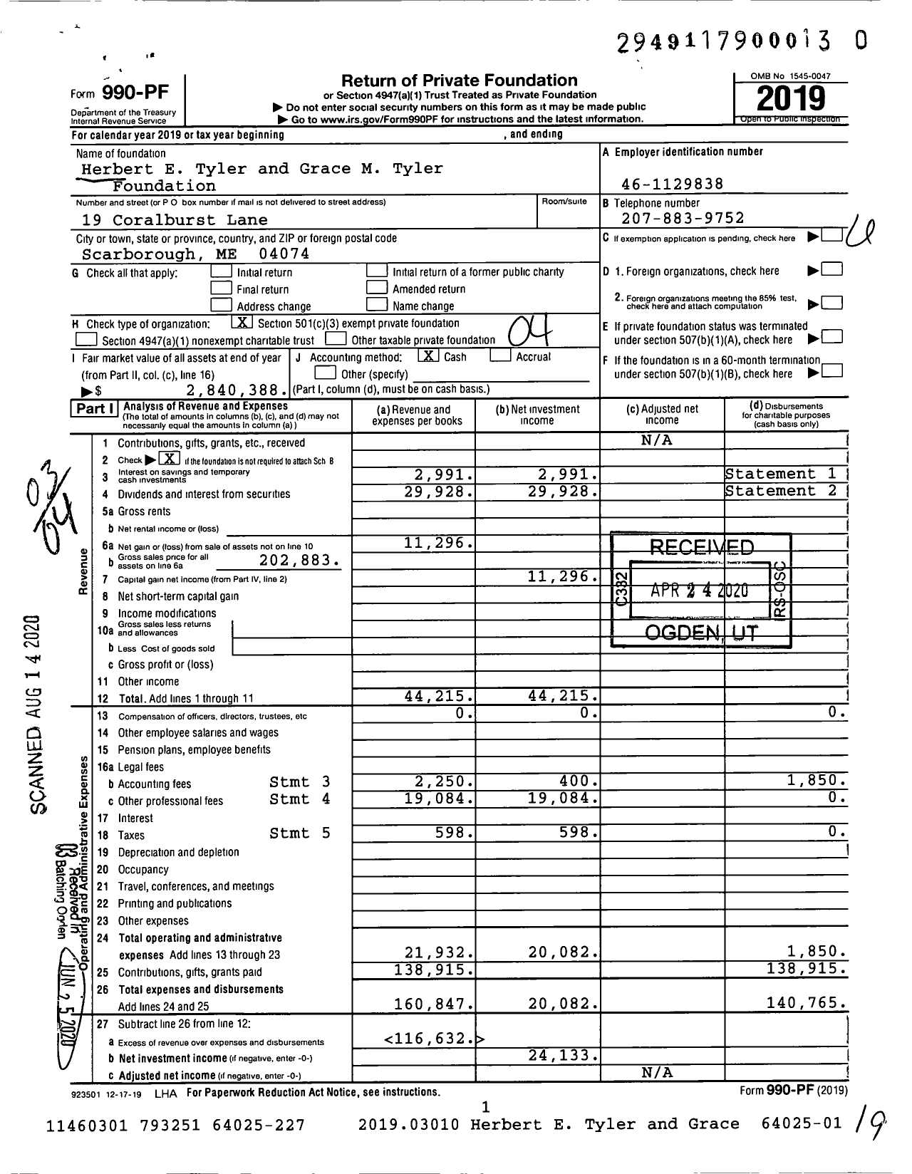 Image of first page of 2019 Form 990PR for Herbert E Tyler and Grace M Tyler Foundation