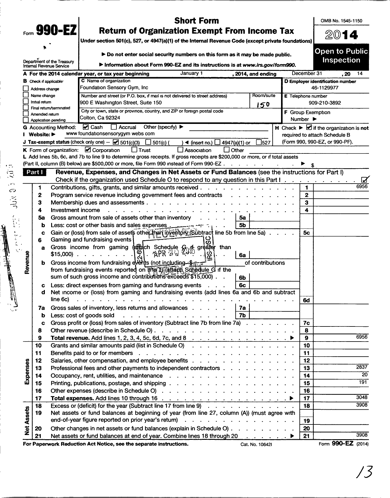 Image of first page of 2014 Form 990EZ for Foundation Sensory Gym