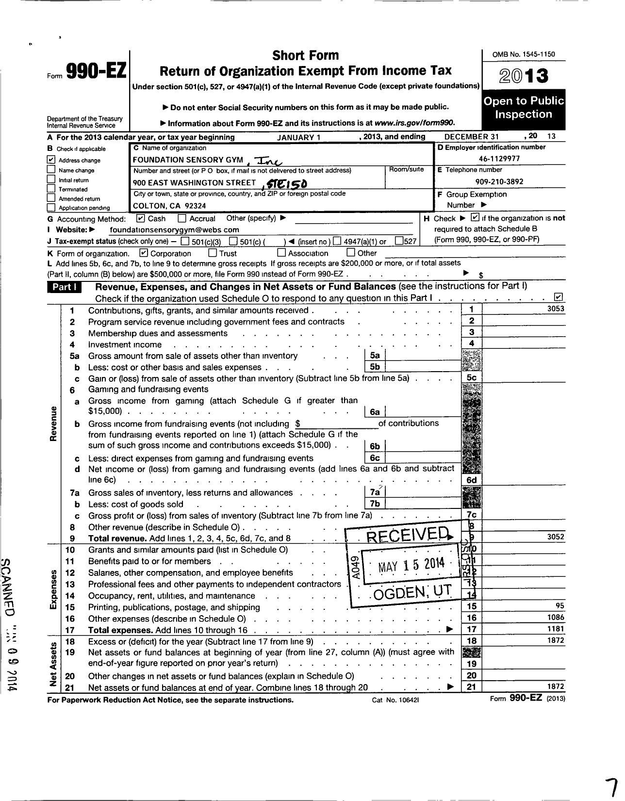 Image of first page of 2013 Form 990EO for Foundation Sensory Gym