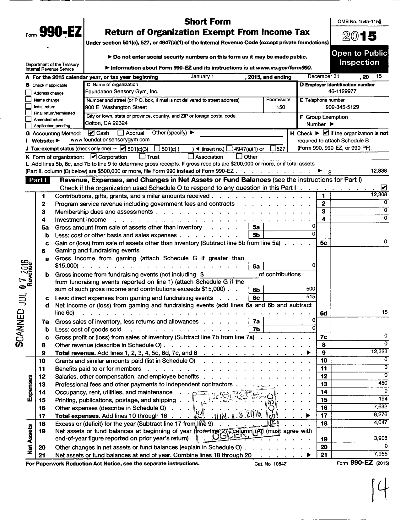 Image of first page of 2015 Form 990EZ for Foundation Sensory Gym