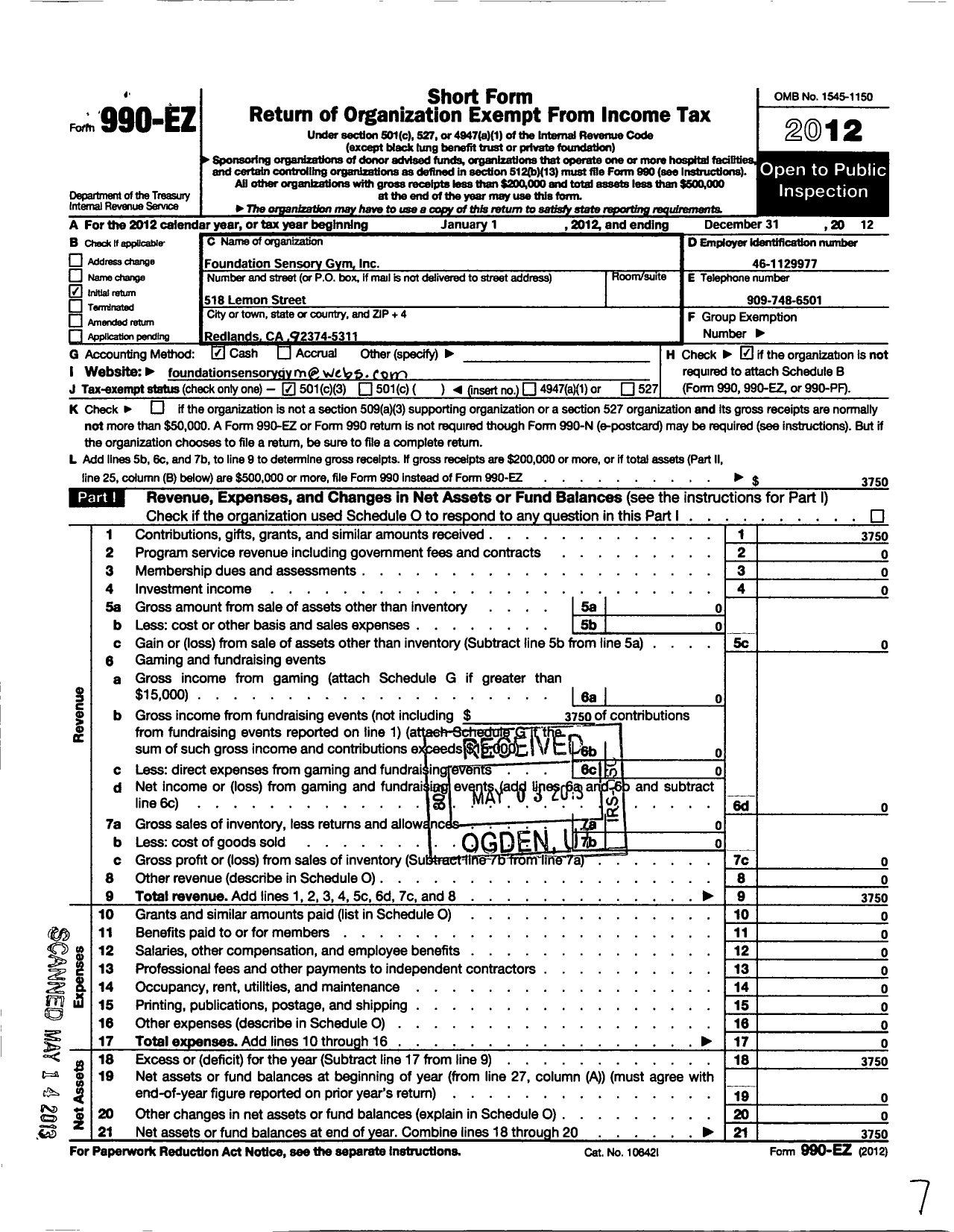 Image of first page of 2012 Form 990EZ for Foundation Sensory Gym