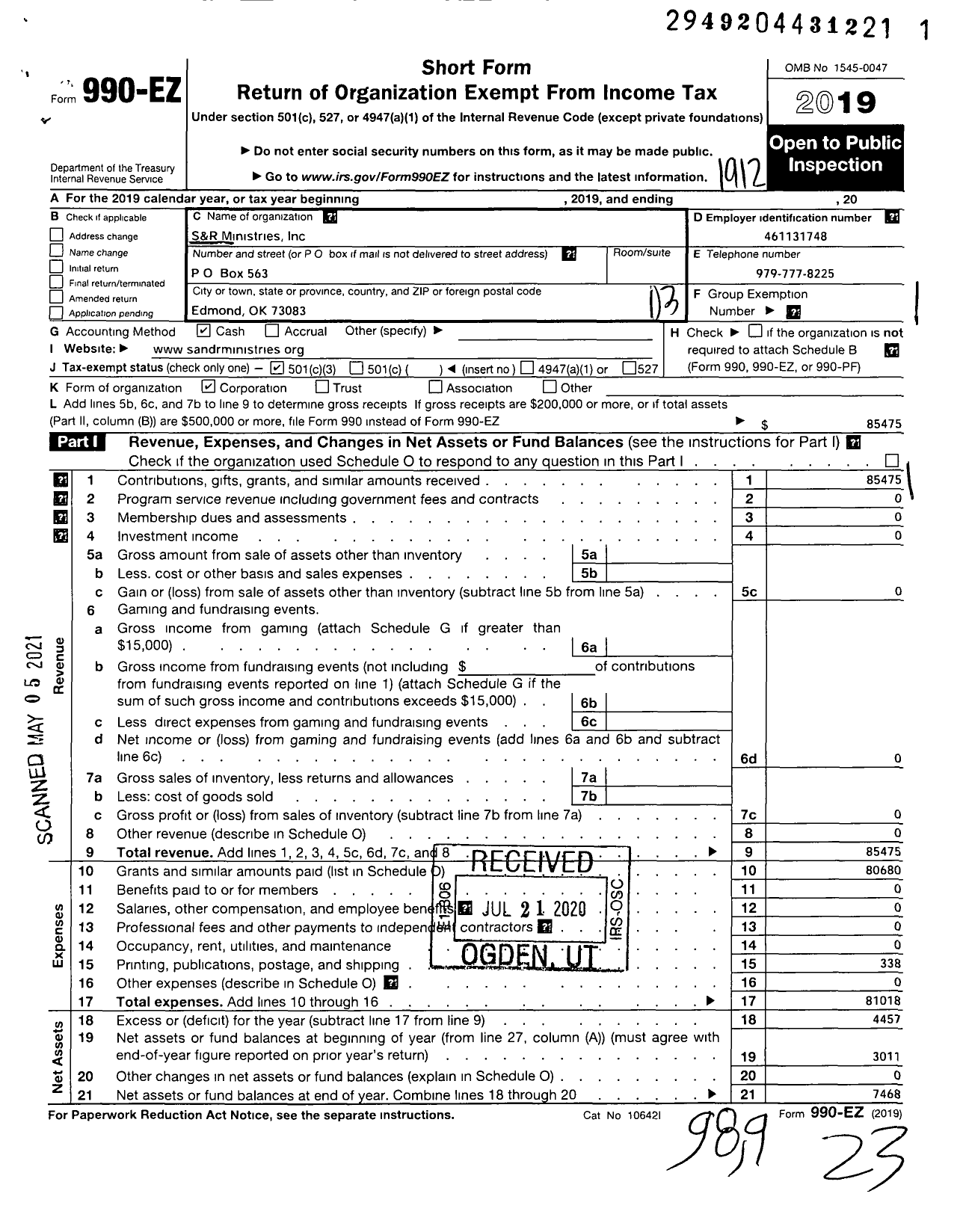 Image of first page of 2019 Form 990EZ for S&R Ministries