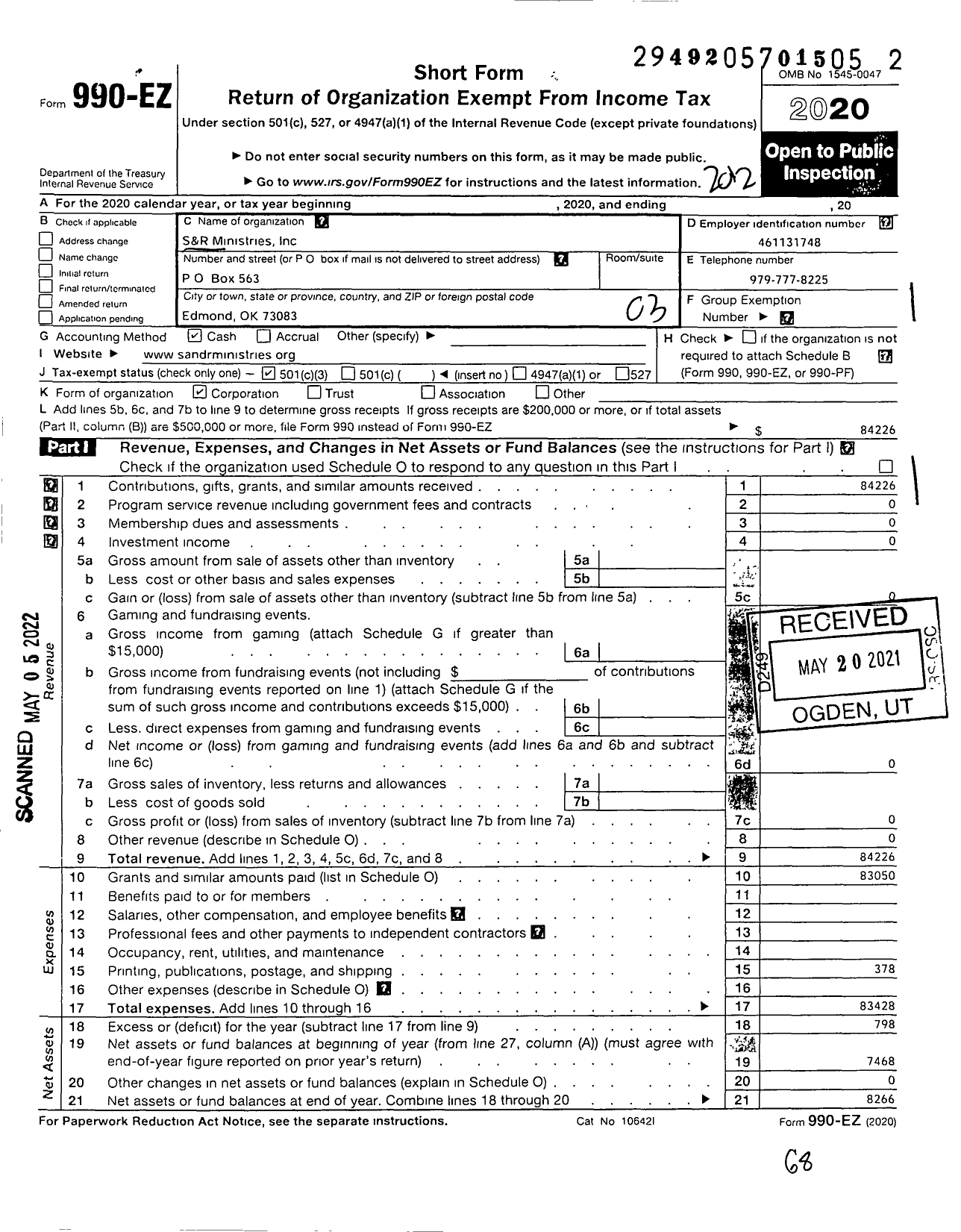Image of first page of 2020 Form 990EZ for S&R Ministries