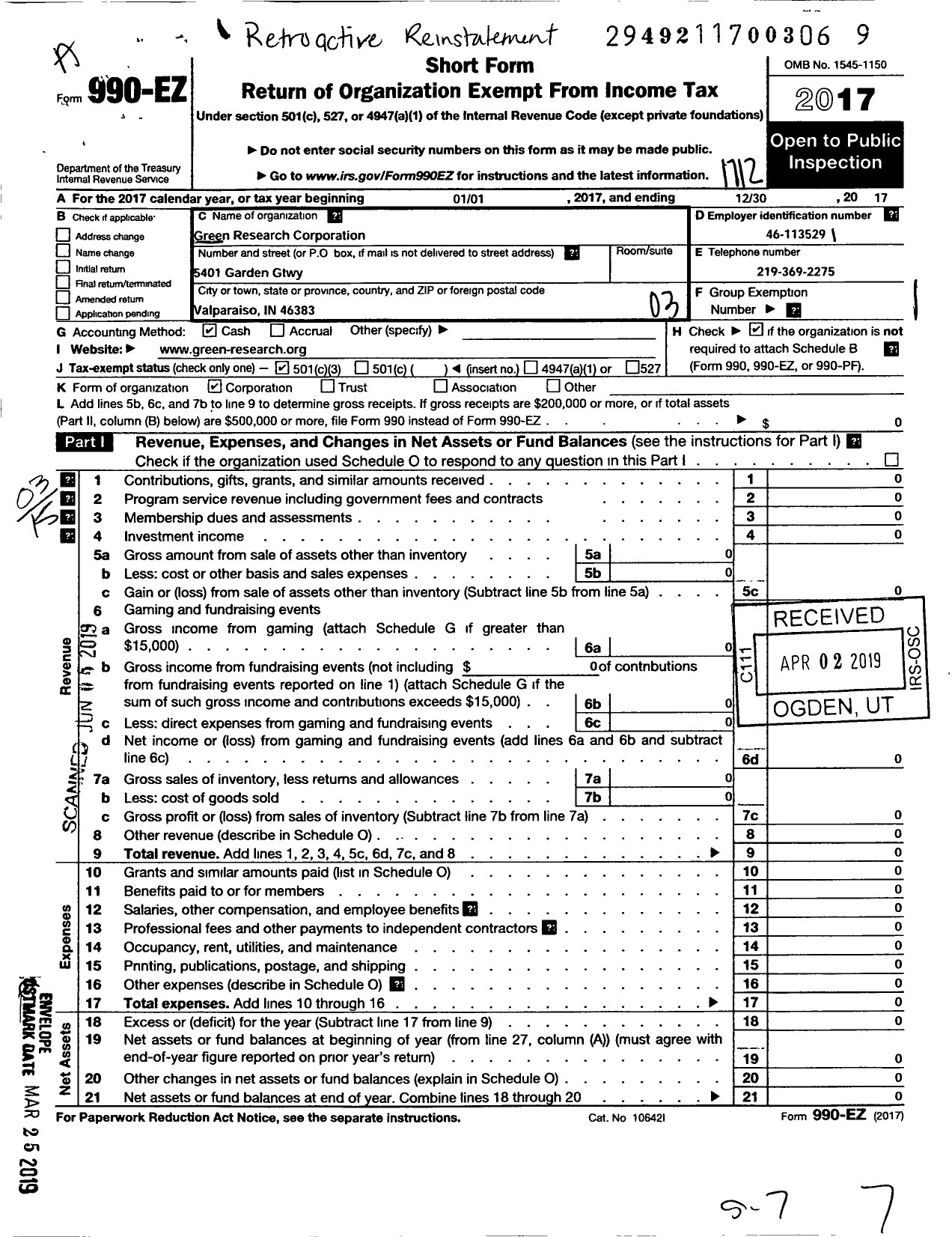 Image of first page of 2017 Form 990EZ for Green Research Corporation