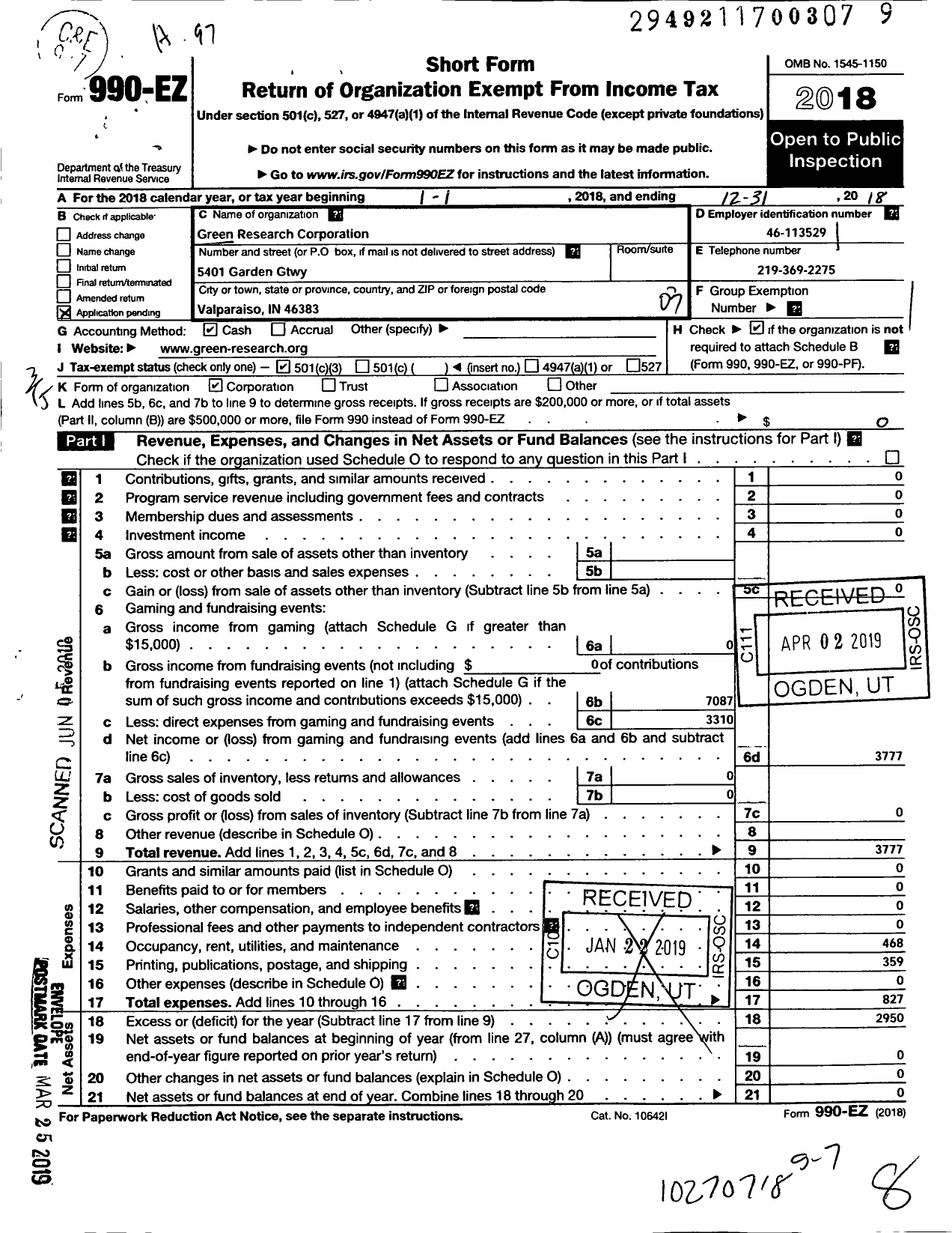 Image of first page of 2018 Form 990EZ for Green Research Corporation