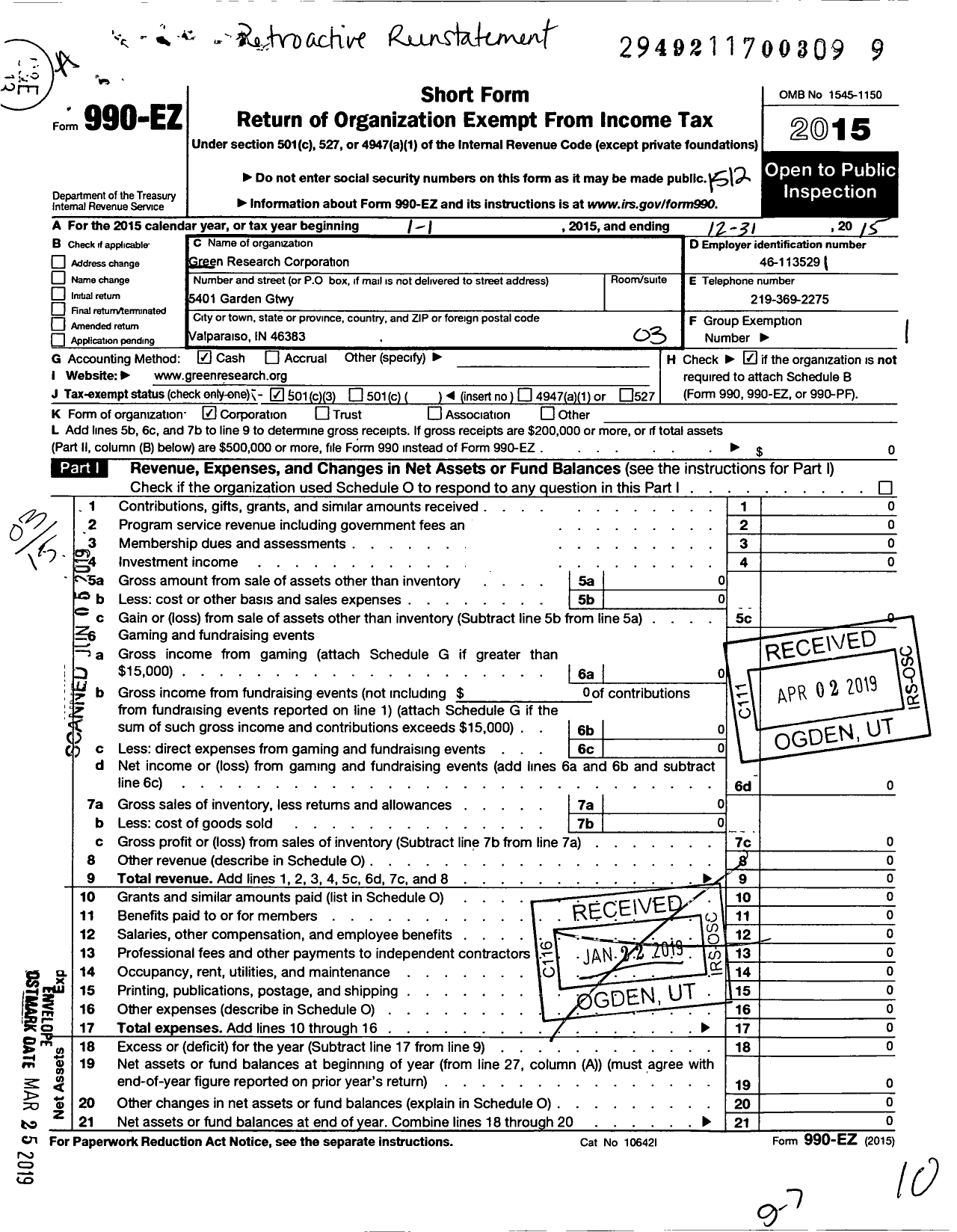 Image of first page of 2015 Form 990EZ for Green Research Corporation