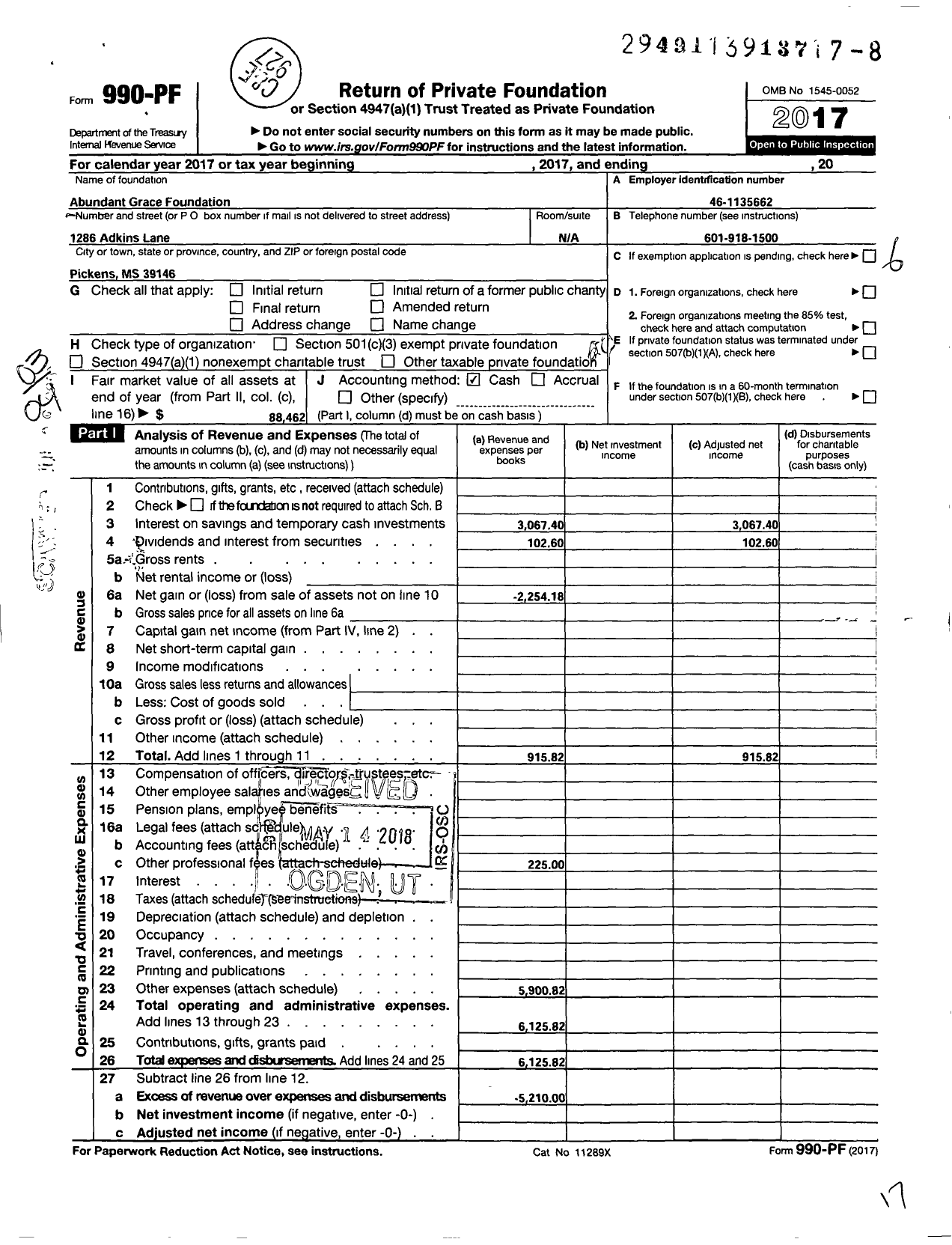 Image of first page of 2017 Form 990PF for Abundant Grace Foundation