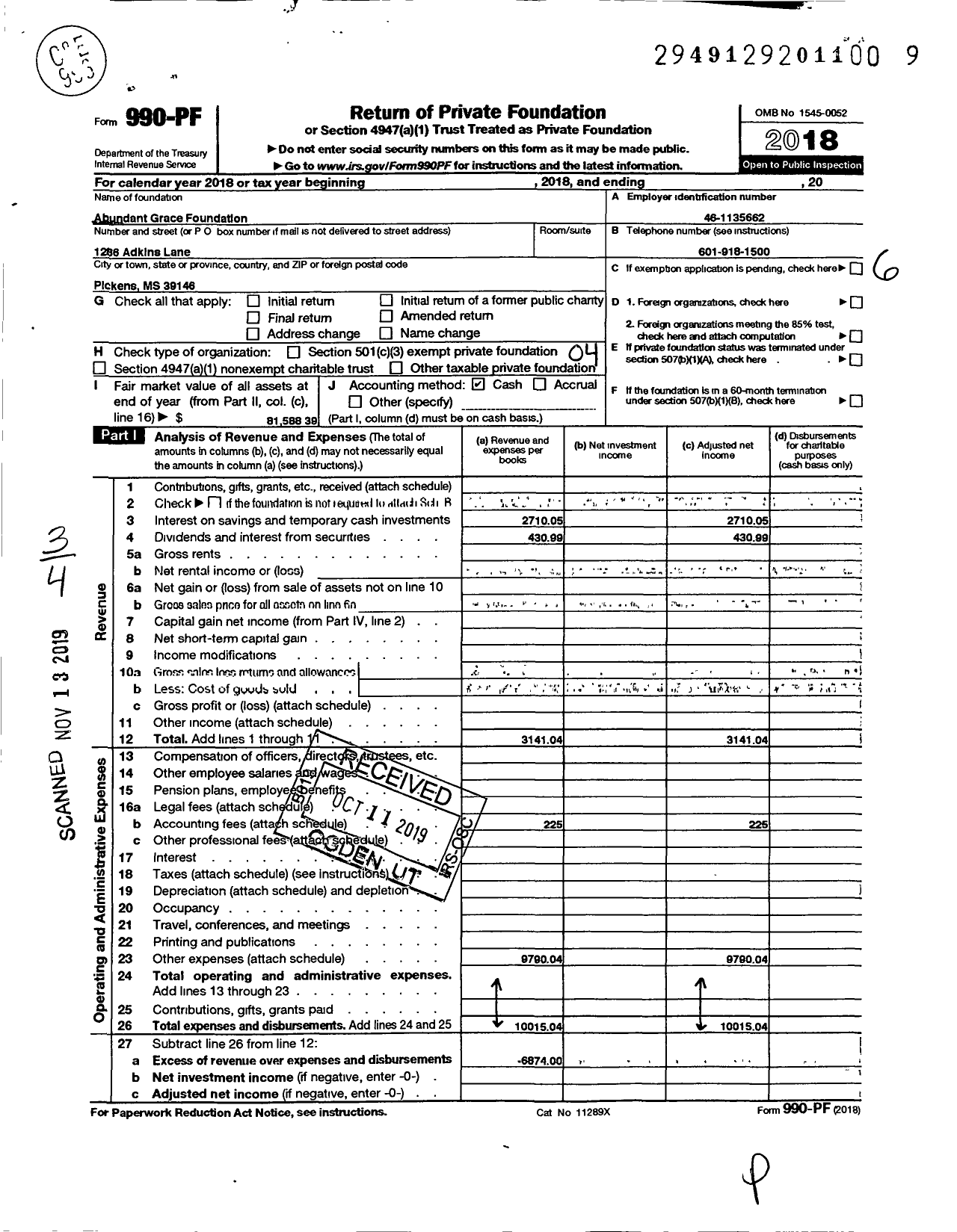 Image of first page of 2018 Form 990PF for Abundant Grace Foundation