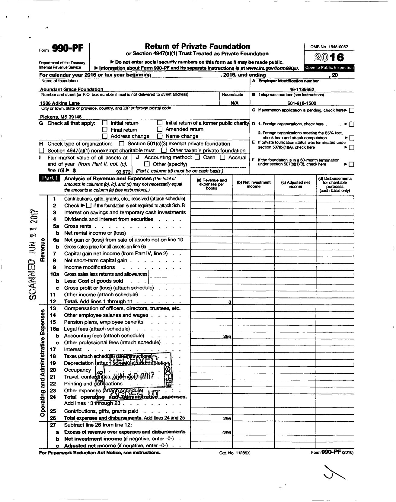 Image of first page of 2016 Form 990PF for Abundant Grace Foundation