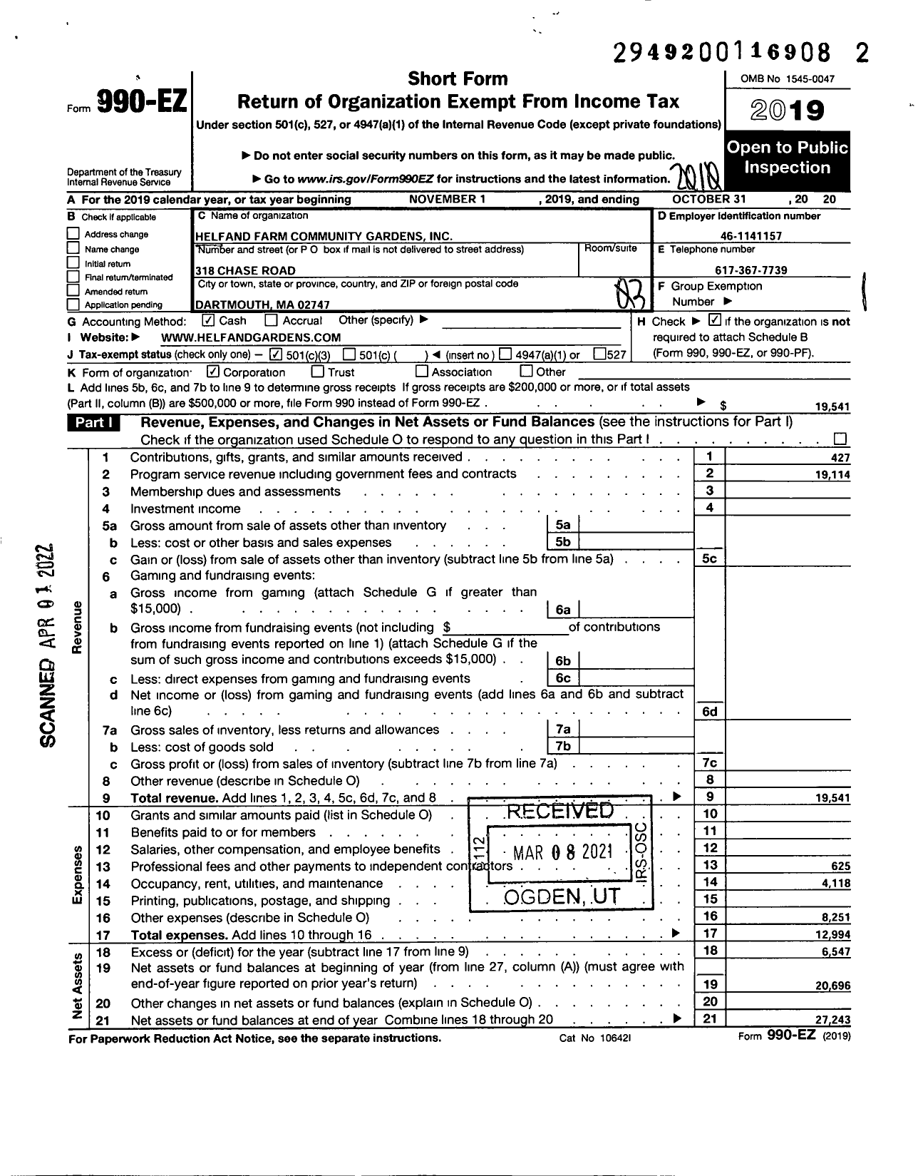 Image of first page of 2019 Form 990EZ for Helfand Farm Community Gardens