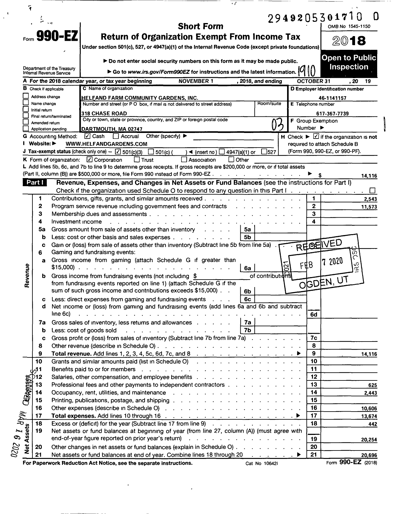 Image of first page of 2018 Form 990EZ for Helfand Farm Community Gardens