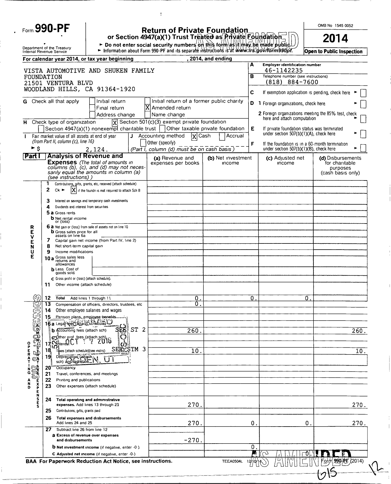 Image of first page of 2014 Form 990PF for Vista Automotive and Shuken Family Foundation