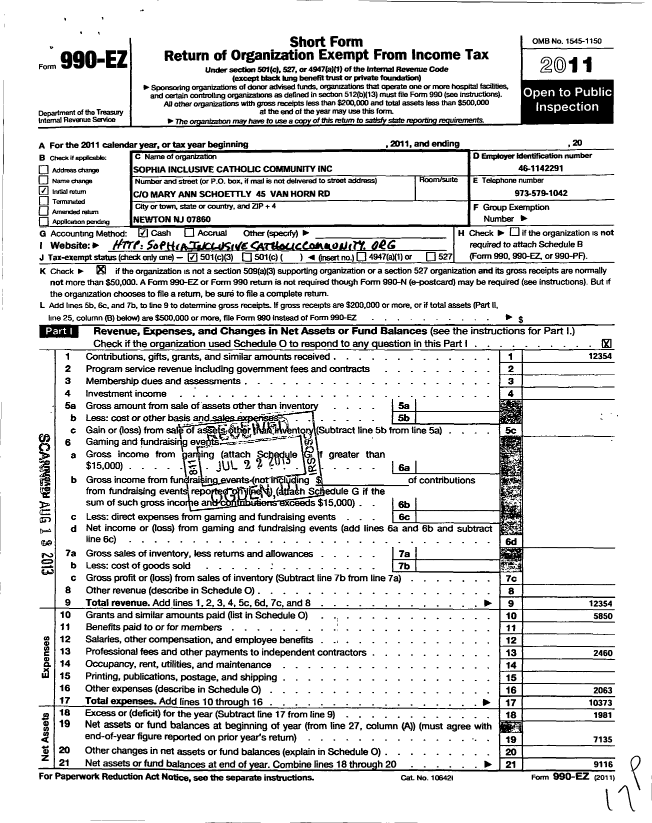 Image of first page of 2011 Form 990EZ for Sophia Inclusive Catholic Community