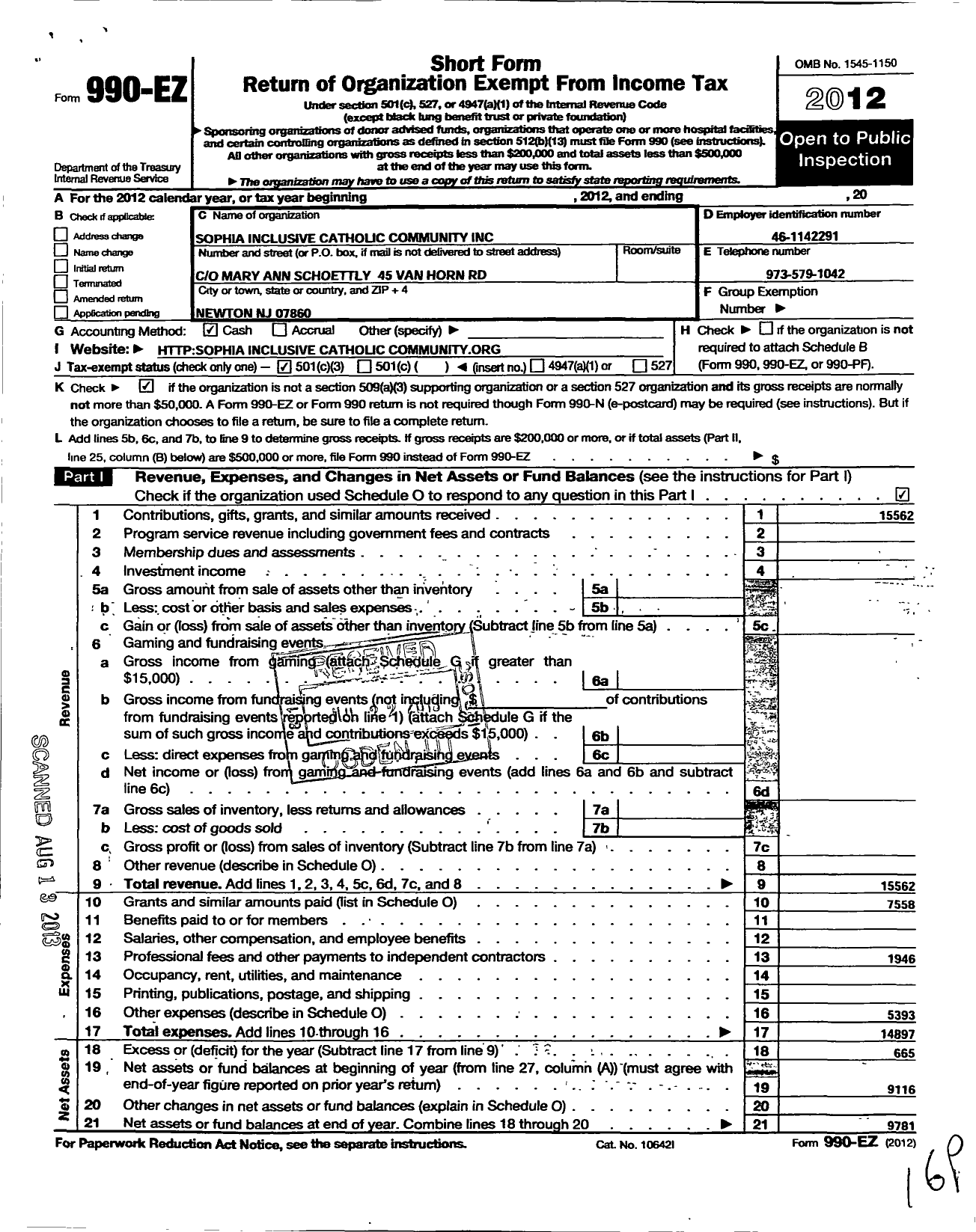 Image of first page of 2012 Form 990EZ for Sophia Inclusive Catholic Community