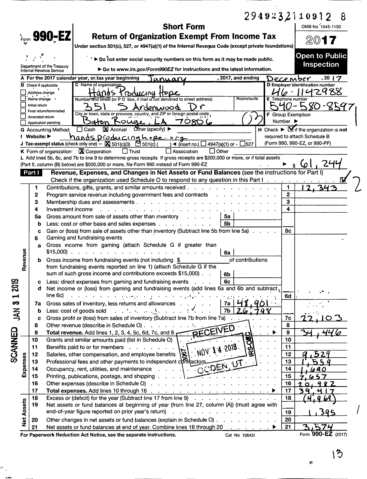 Image of first page of 2017 Form 990EZ for Hands Producing Hope Incorporated