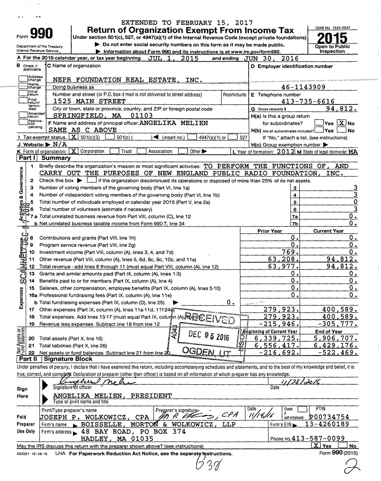 Image of first page of 2015 Form 990 for Nepr Foundation Real Estate