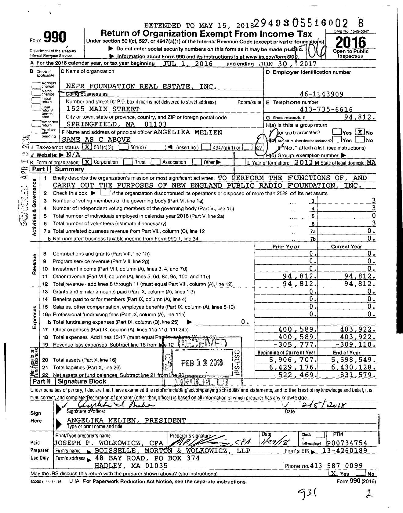Image of first page of 2016 Form 990 for Nepr Foundation Real Estate