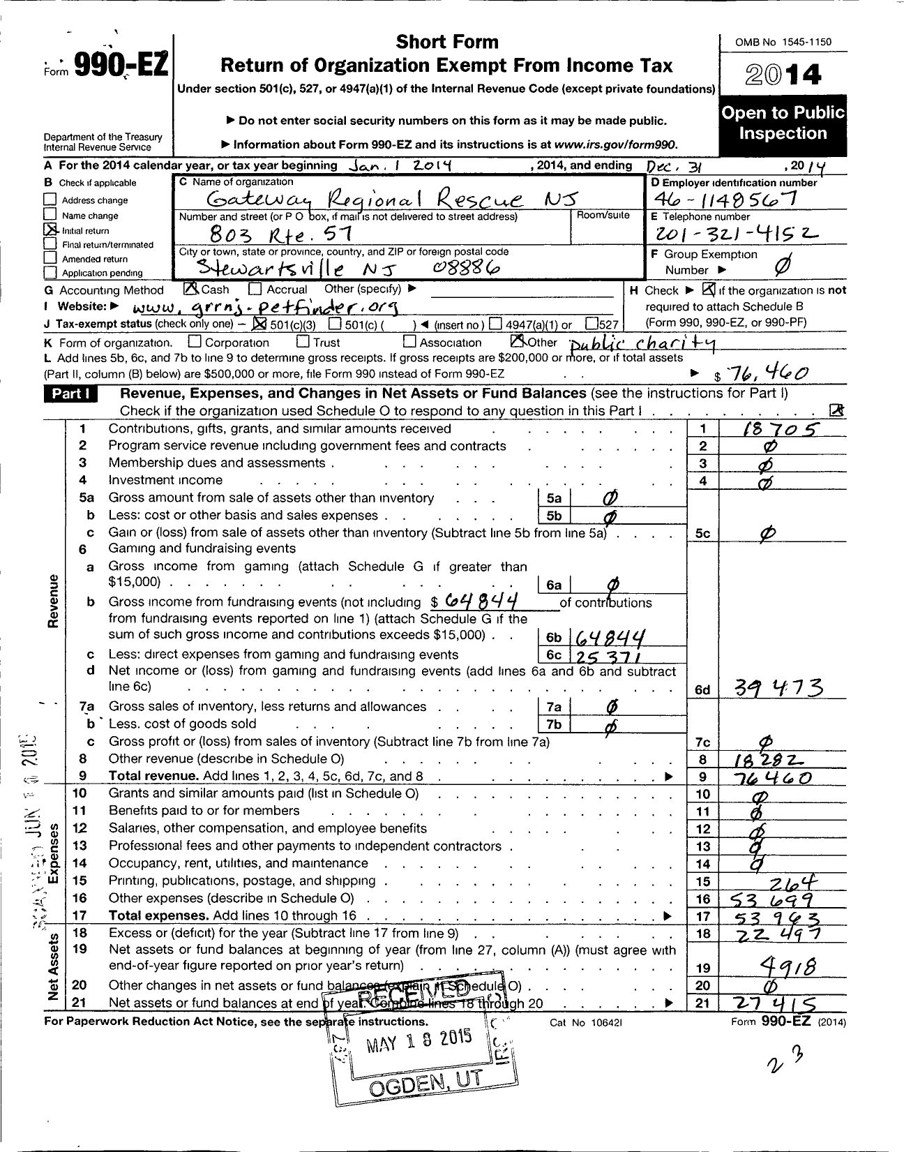 Image of first page of 2014 Form 990EZ for Coalition for Animals / Gateway Regional Rescue NJ