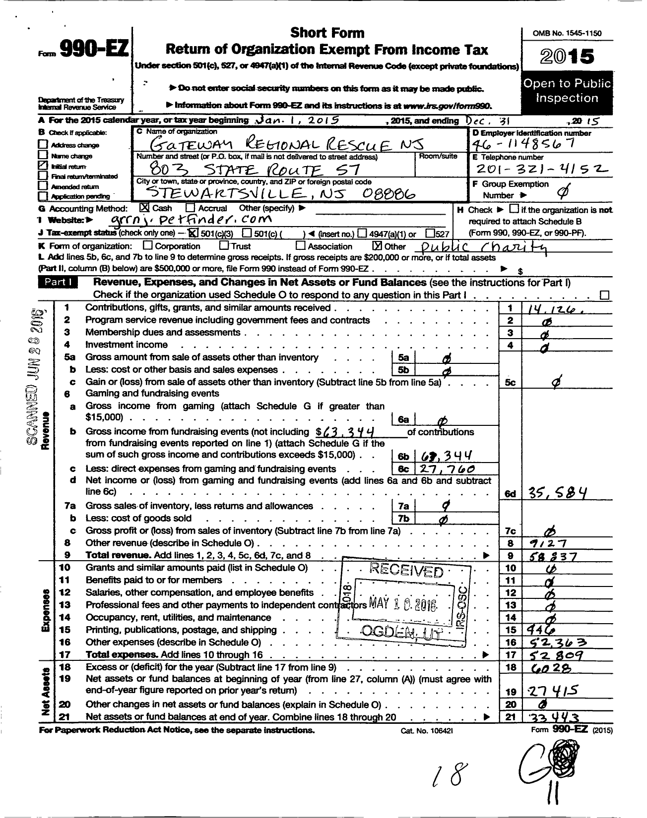 Image of first page of 2015 Form 990EZ for Coalition for Animals / Gateway Regional Rescue NJ