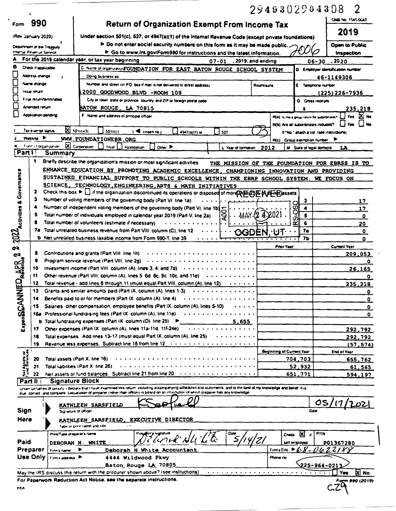 Image of first page of 2019 Form 990 for Foundation for East Baton Rouge School System